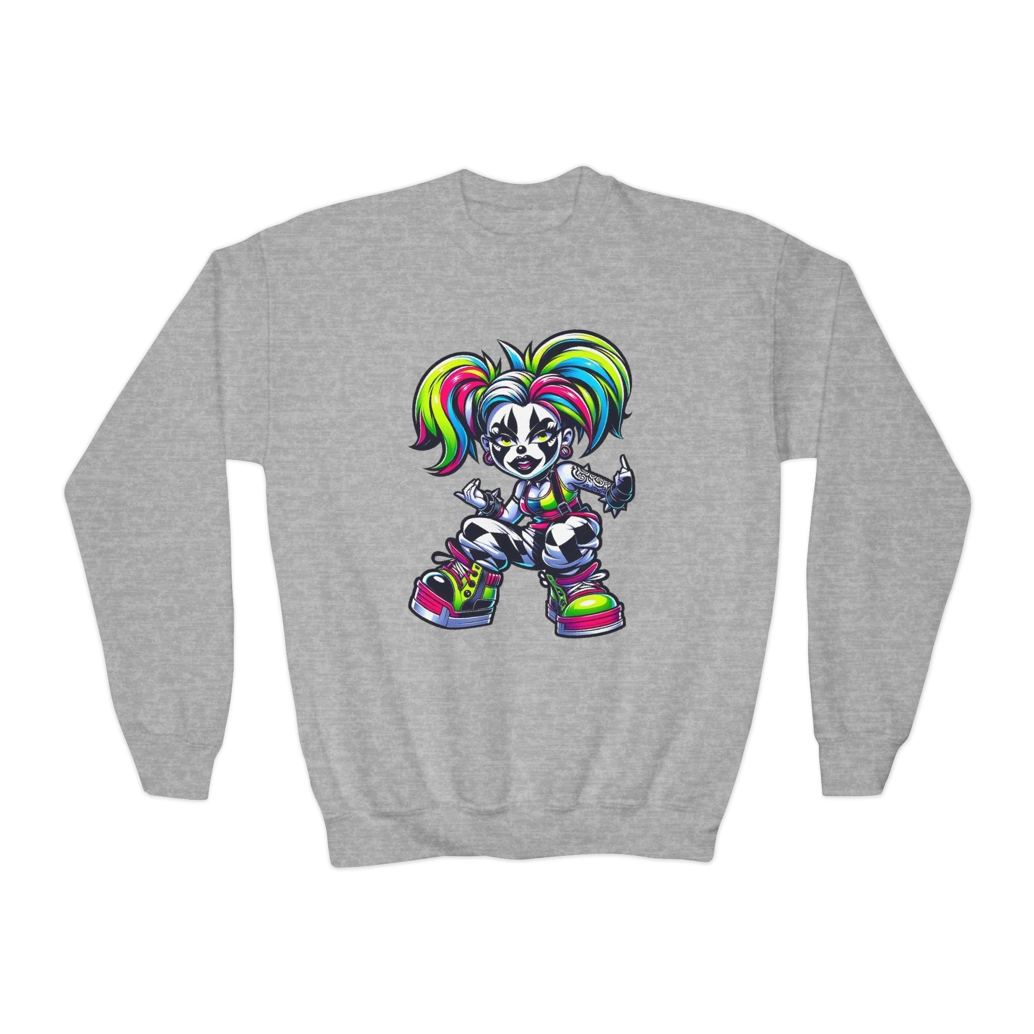 Colorful Graphic Youth Crewneck Sweatshirt, Fun Sweatshirt for Kids, Perfect Gift for Birthdays, Halloween, or Everyday Wear Printify