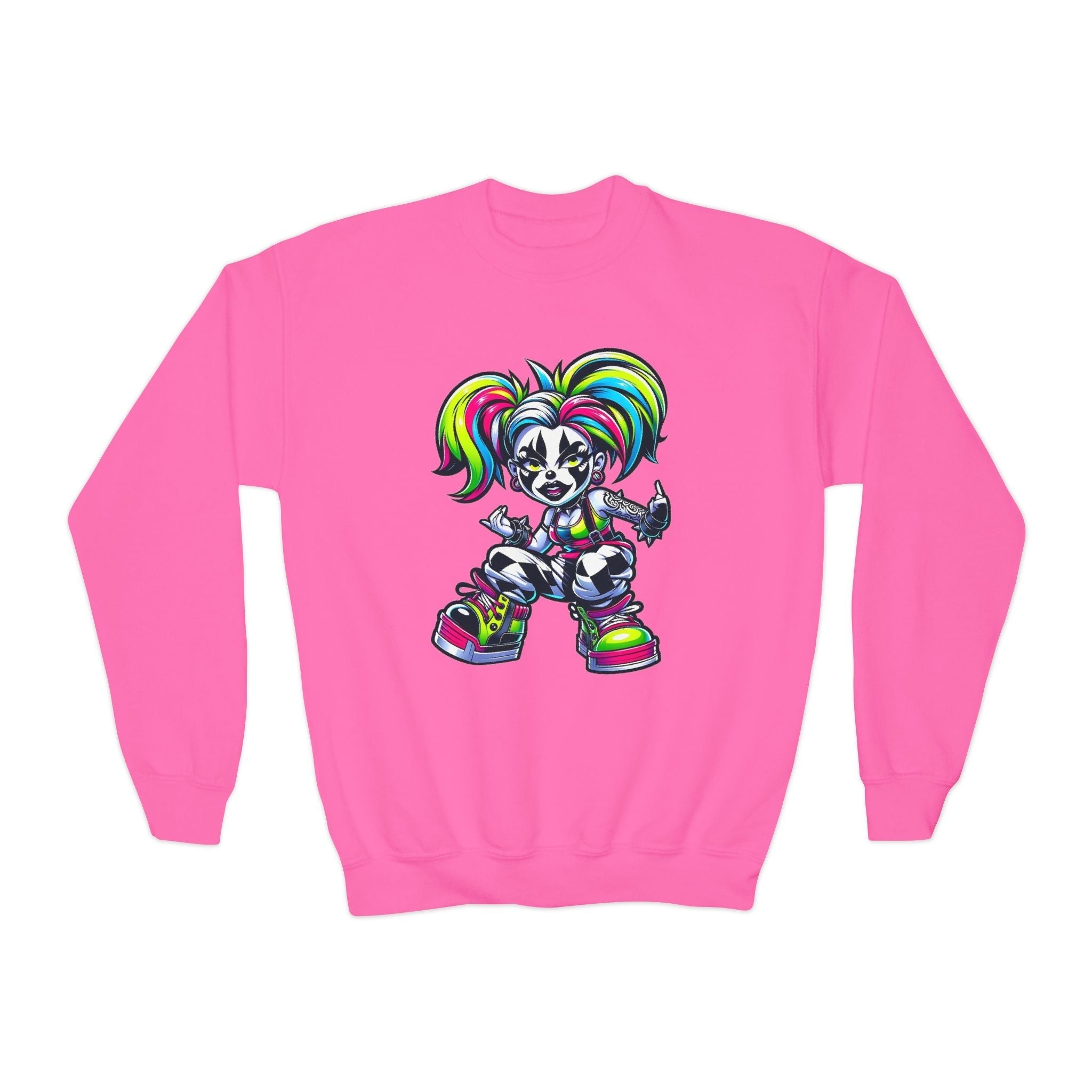 Colorful Graphic Youth Crewneck Sweatshirt, Fun Sweatshirt for Kids, Perfect Gift for Birthdays, Halloween, or Everyday Wear Printify