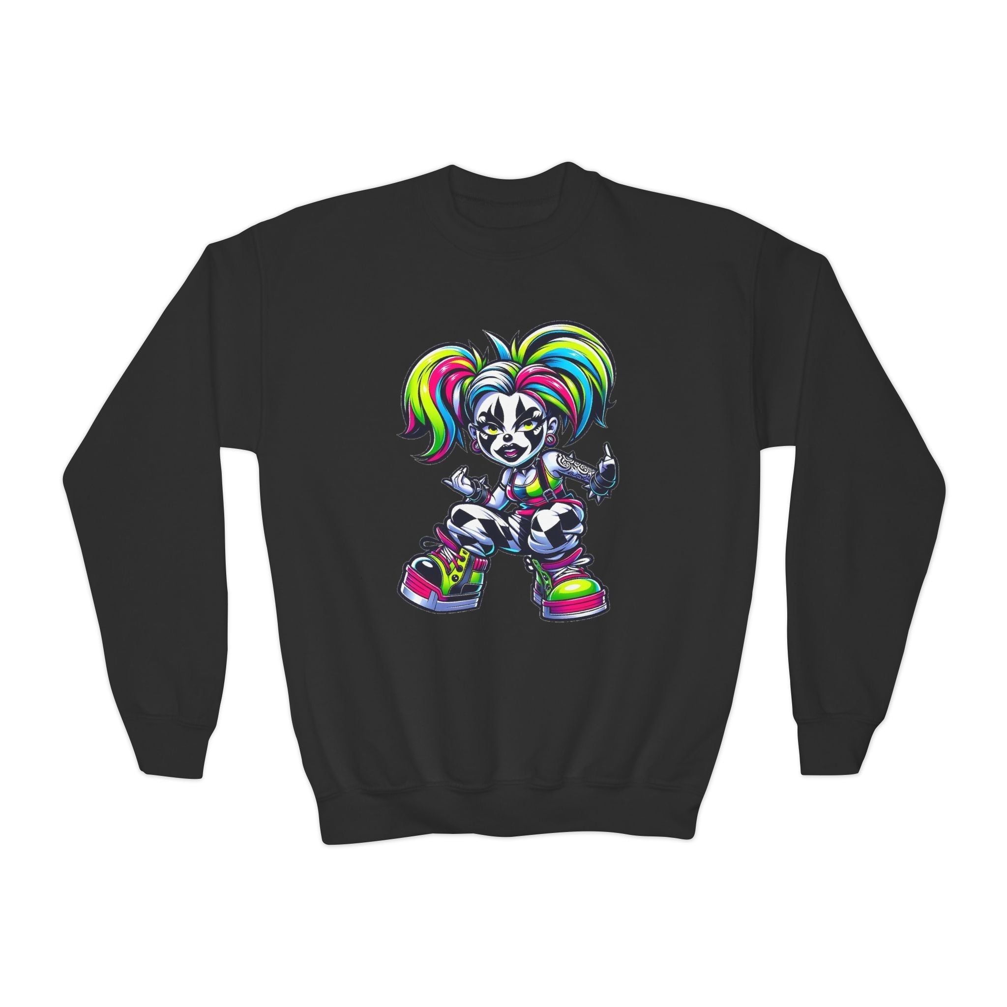 Colorful Graphic Youth Crewneck Sweatshirt, Fun Sweatshirt for Kids, Perfect Gift for Birthdays, Halloween, or Everyday Wear Printify