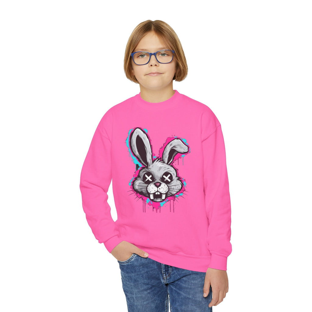 Cool Graffiti Bunny Youth Sweatshirt, Hipster Crewneck, Street Art Apparel, Gift for Kids, Fun Casual Wear, Comfy and Stylish Printify