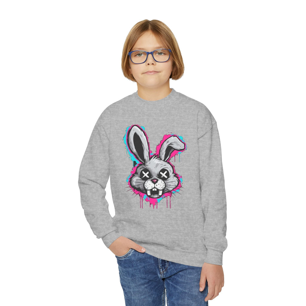 Cool Graffiti Bunny Youth Sweatshirt, Hipster Crewneck, Street Art Apparel, Gift for Kids, Fun Casual Wear, Comfy and Stylish Printify