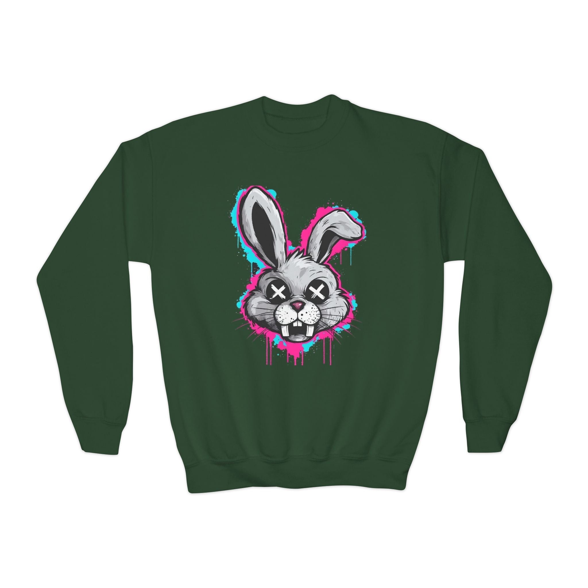 Cool Graffiti Bunny Youth Sweatshirt, Hipster Crewneck, Street Art Apparel, Gift for Kids, Fun Casual Wear, Comfy and Stylish Printify