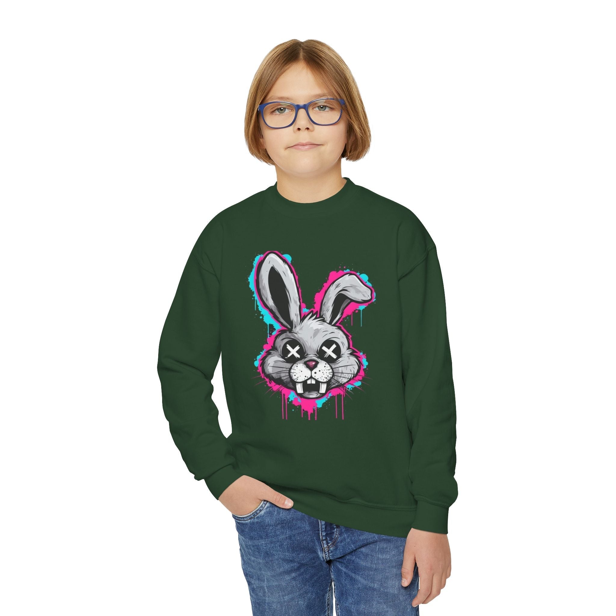 Cool Graffiti Bunny Youth Sweatshirt, Hipster Crewneck, Street Art Apparel, Gift for Kids, Fun Casual Wear, Comfy and Stylish Printify