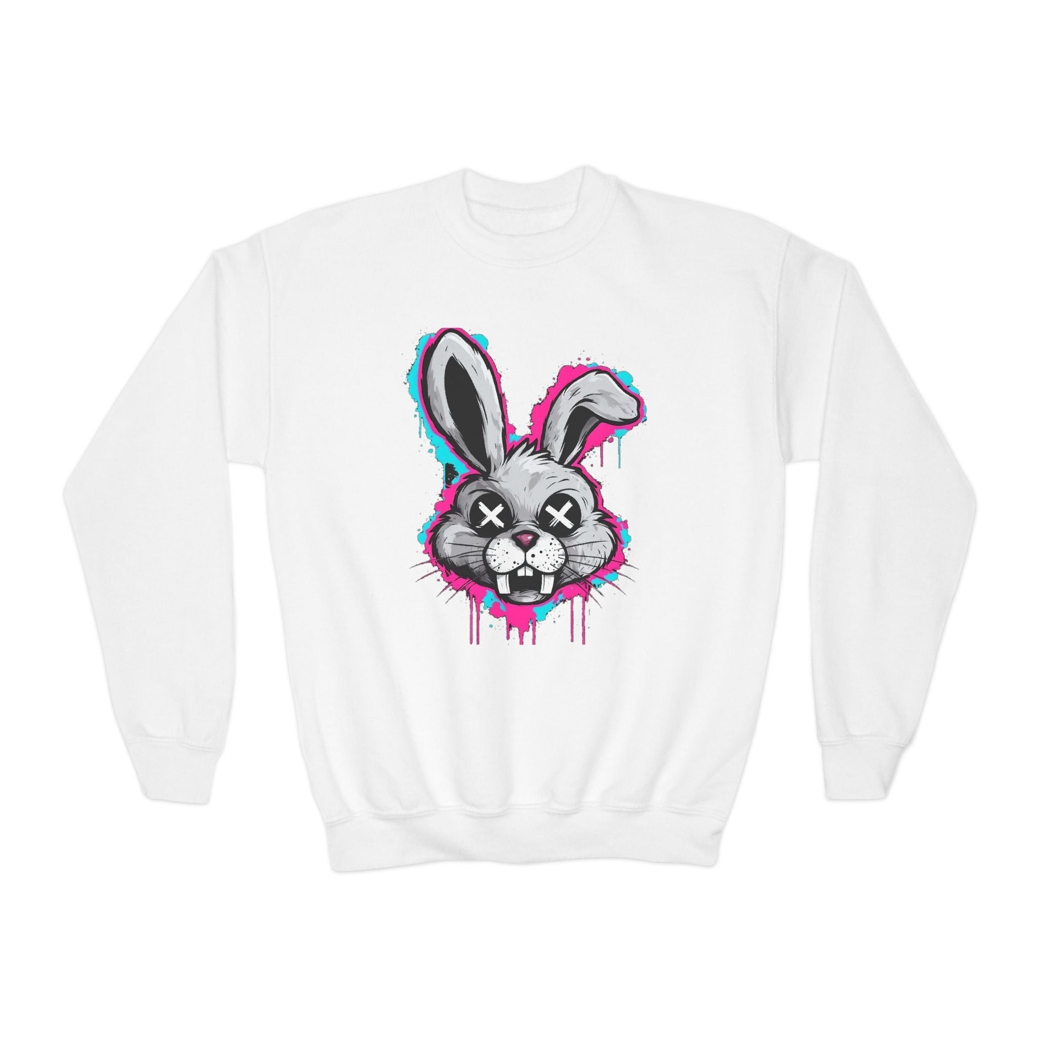 Cool Graffiti Bunny Youth Sweatshirt, Hipster Crewneck, Street Art Apparel, Gift for Kids, Fun Casual Wear, Comfy and Stylish Printify