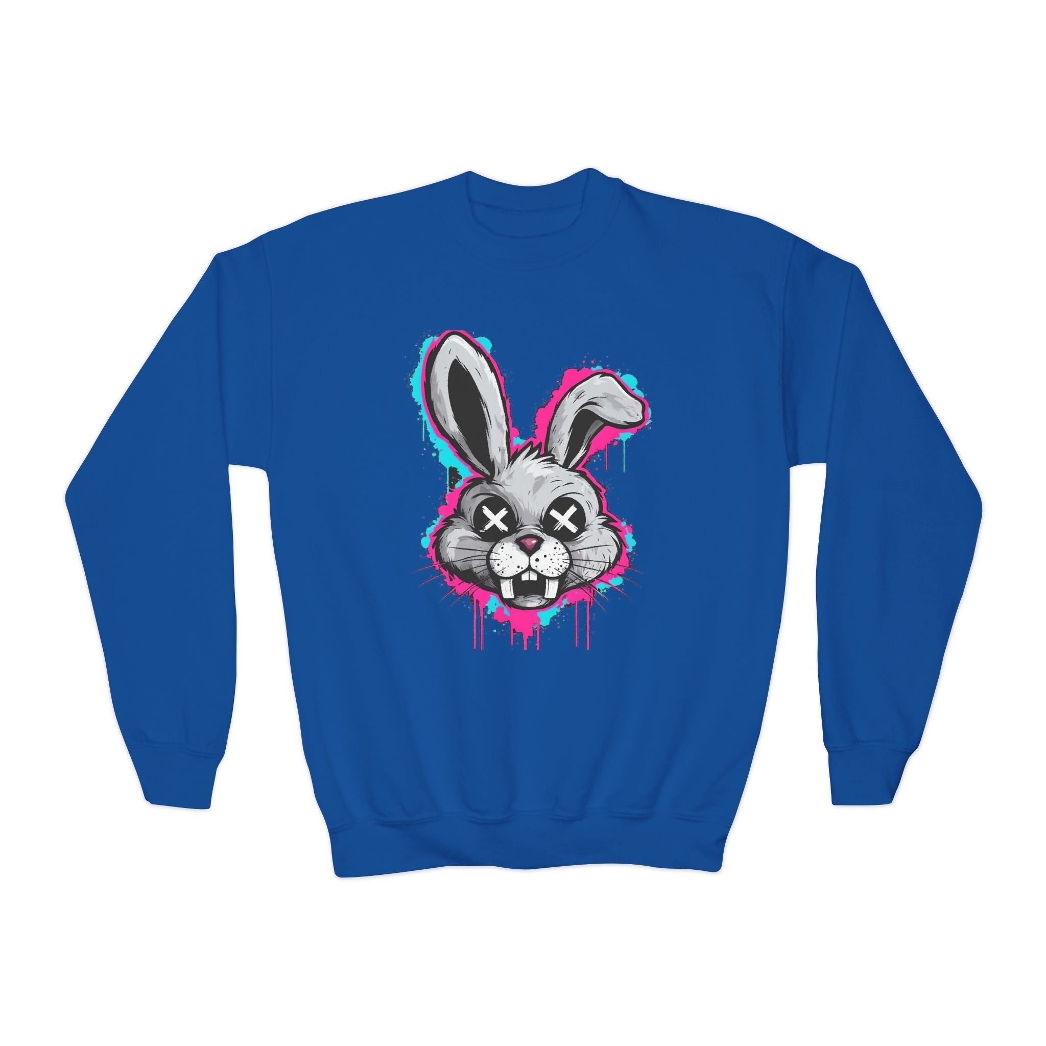 Cool Graffiti Bunny Youth Sweatshirt, Hipster Crewneck, Street Art Apparel, Gift for Kids, Fun Casual Wear, Comfy and Stylish Printify