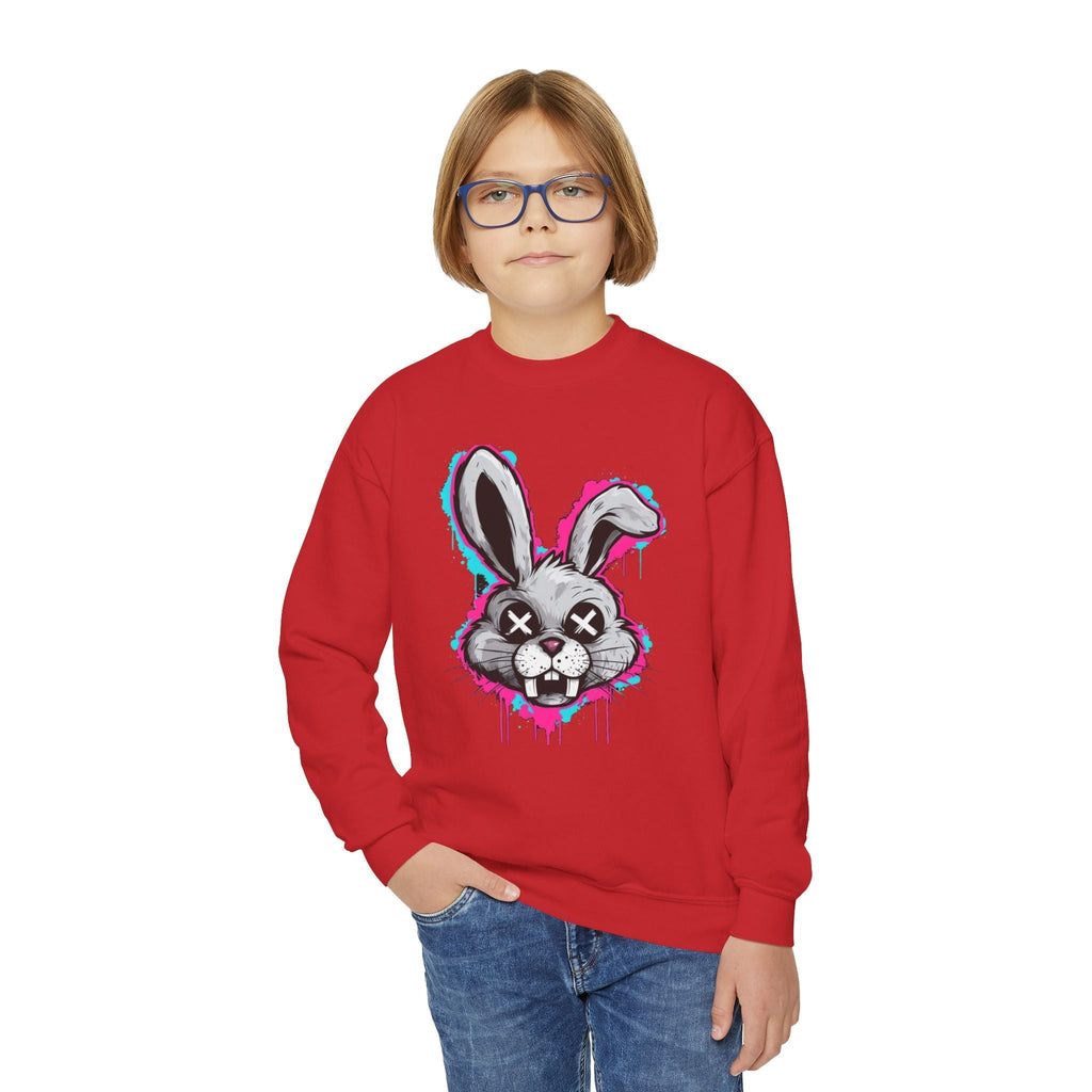 Cool Graffiti Bunny Youth Sweatshirt, Hipster Crewneck, Street Art Apparel, Gift for Kids, Fun Casual Wear, Comfy and Stylish Printify