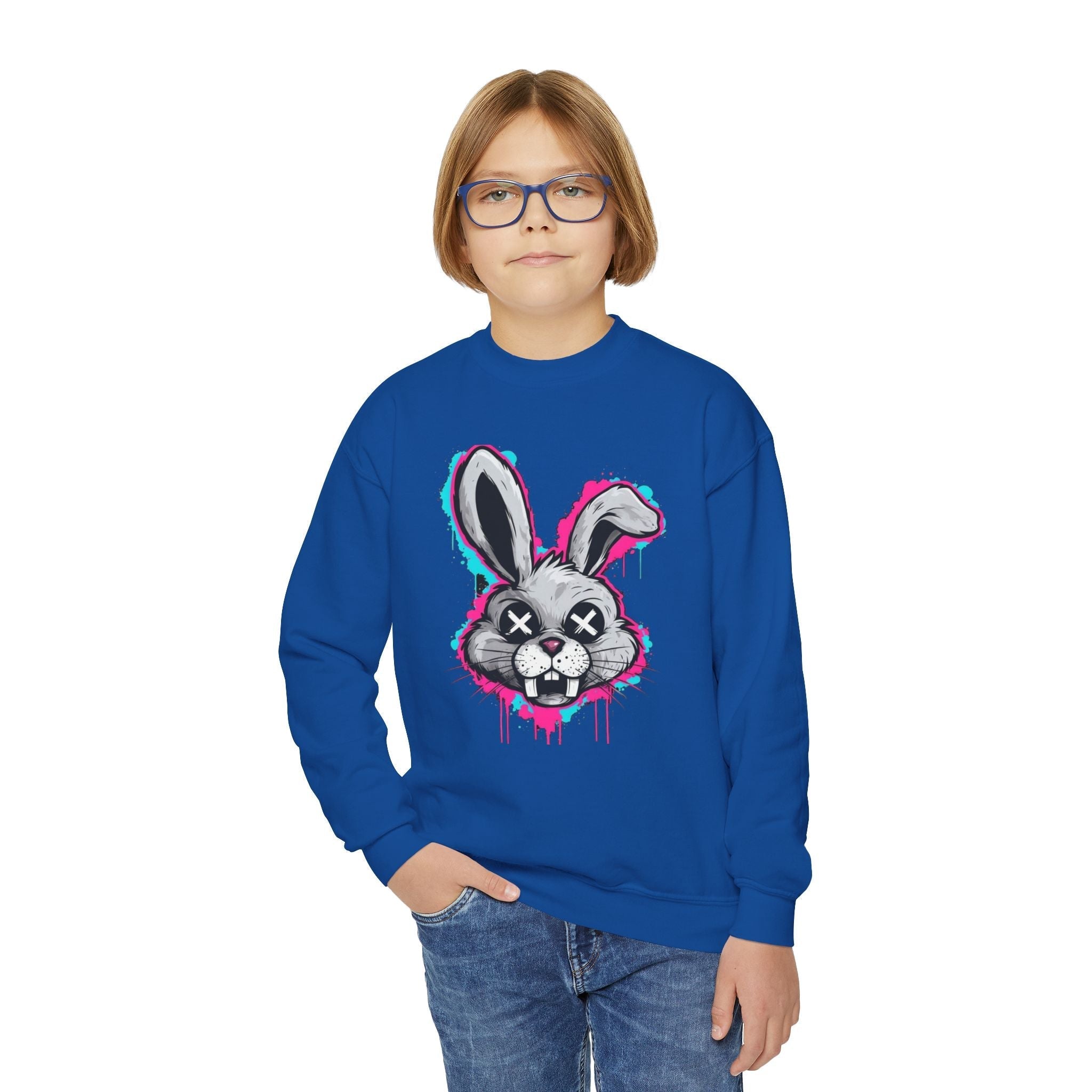 Cool Graffiti Bunny Youth Sweatshirt, Hipster Crewneck, Street Art Apparel, Gift for Kids, Fun Casual Wear, Comfy and Stylish Printify