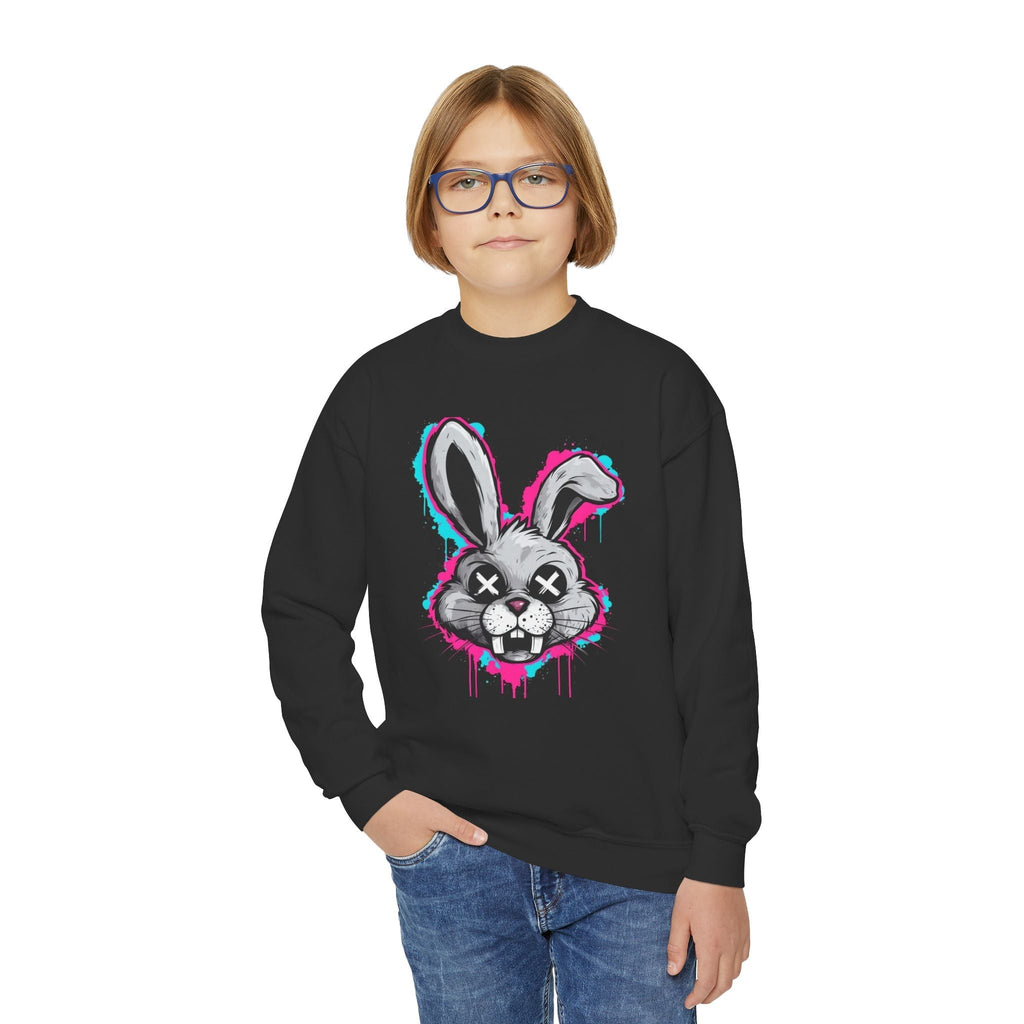 Cool Graffiti Bunny Youth Sweatshirt, Hipster Crewneck, Street Art Apparel, Gift for Kids, Fun Casual Wear, Comfy and Stylish Printify