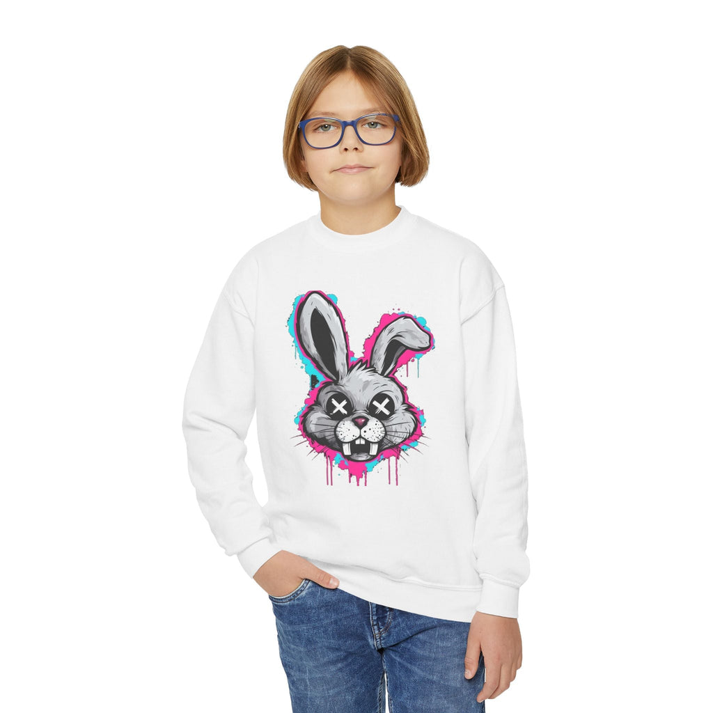 Cool Graffiti Bunny Youth Sweatshirt, Hipster Crewneck, Street Art Apparel, Gift for Kids, Fun Casual Wear, Comfy and Stylish Printify