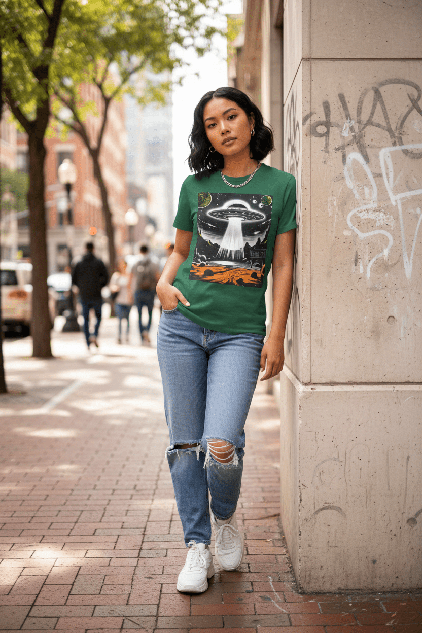 Female model in green UFO tee