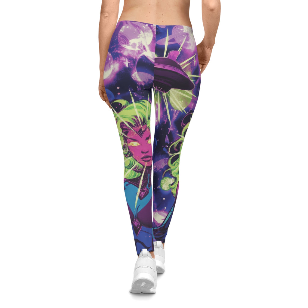Cosmic Alien Goddess Leggings — Neon Space Print Women's Leggings Printify