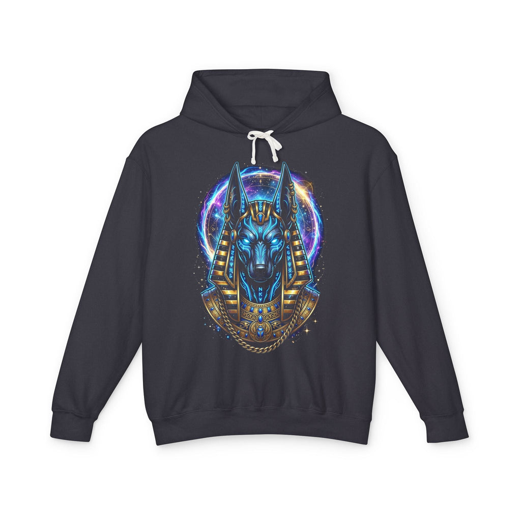 Cosmic Anubis Hoodie - electric blue and gold Egyptian god graphic, black, front