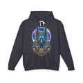 Cosmic Anubis Hoodie - electric blue and gold Egyptian god graphic, black, front