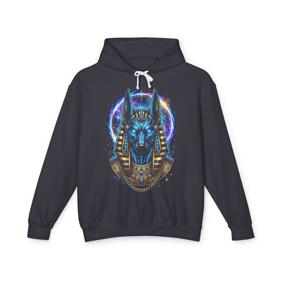 Cosmic Anubis Hoodie - electric blue and gold Egyptian god graphic, black, front