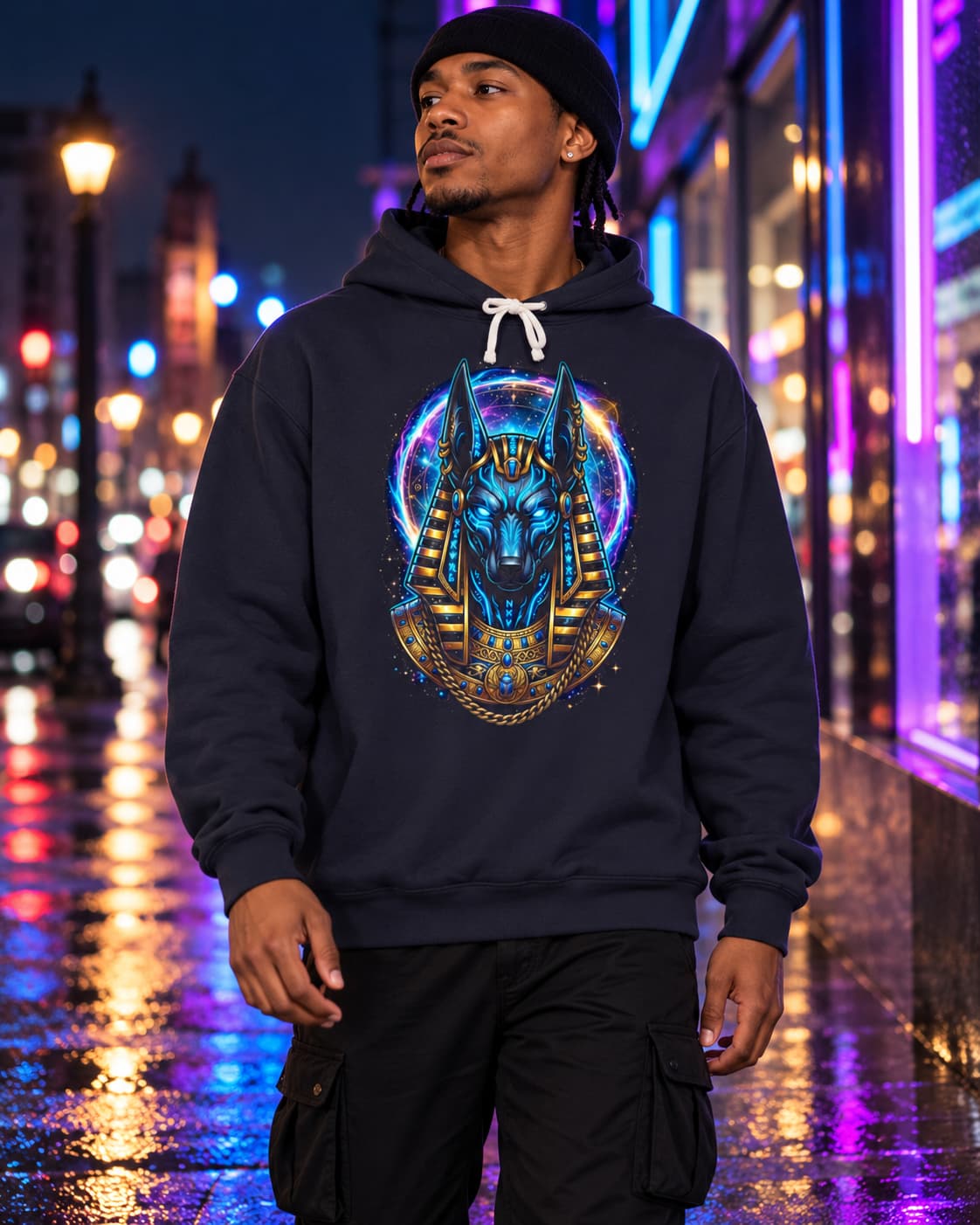 Cosmic Anubis Hoodie — Electric Blue Egyptian God Pullover