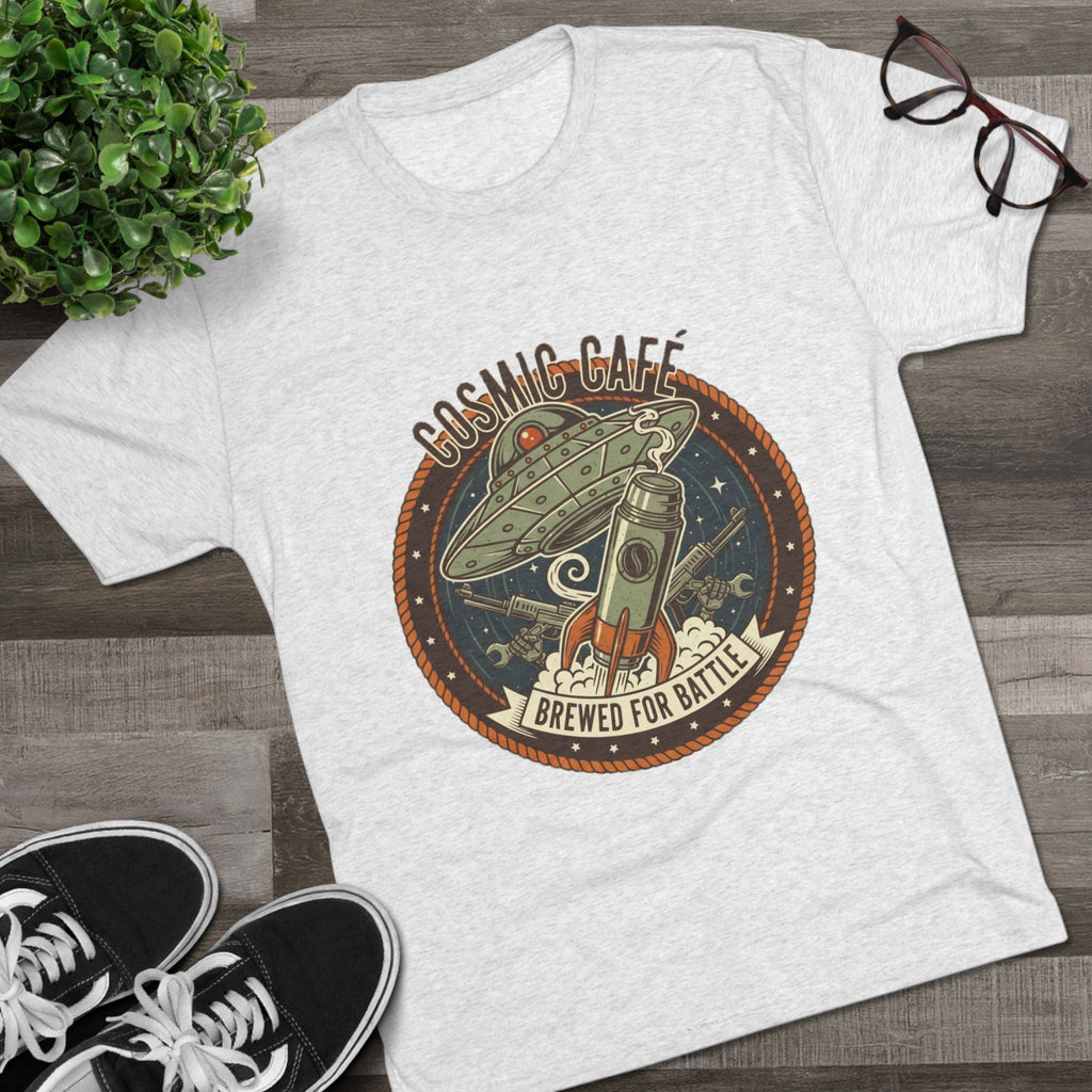 Cosmic Café Tee — “Brewed for Battle” Retro UFO Coffee Shirt Printify