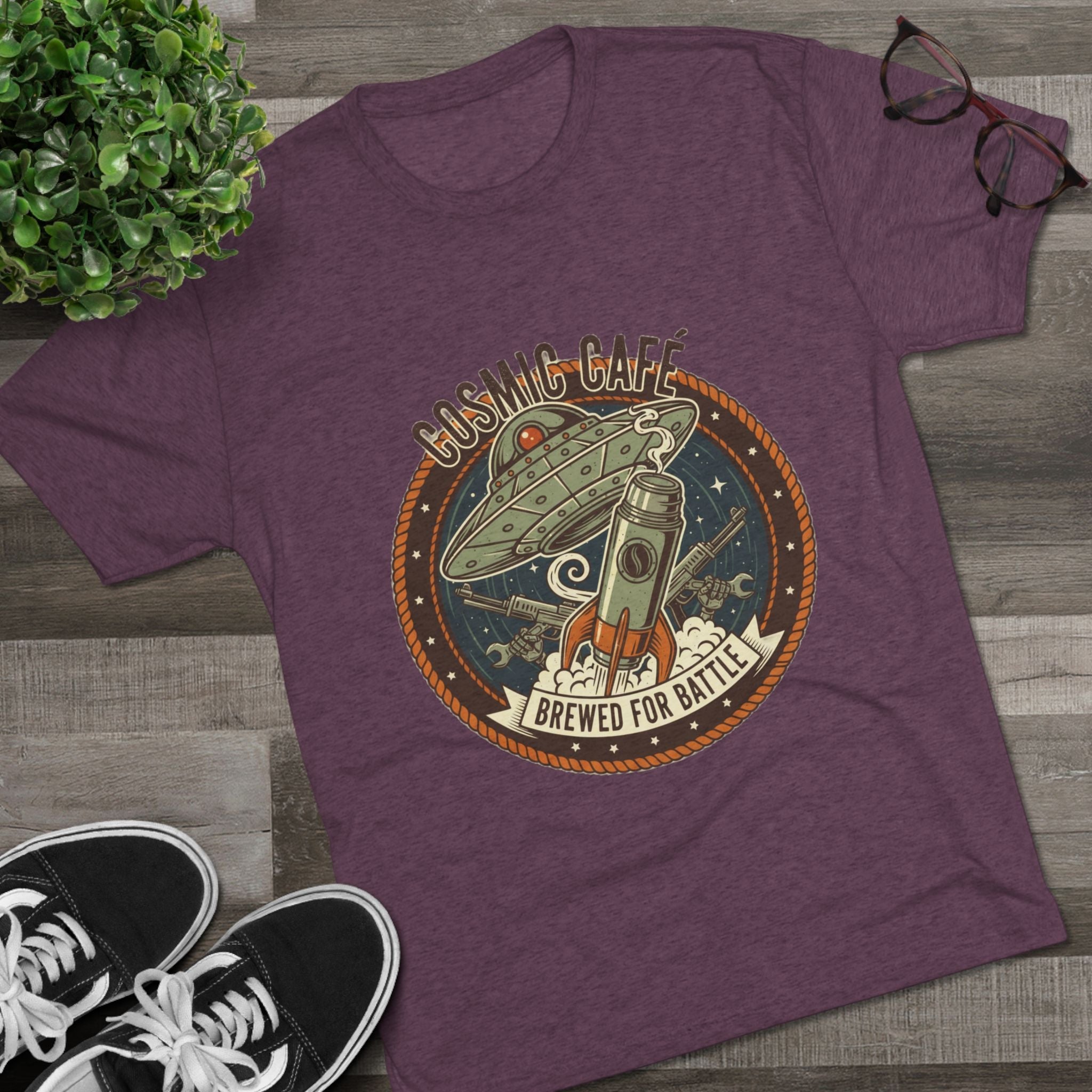 Cosmic Café Tee — “Brewed for Battle” Retro UFO Coffee Shirt Printify
