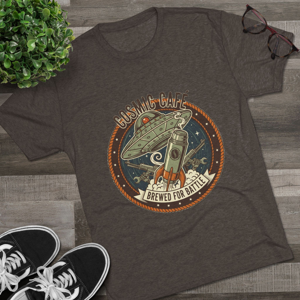 Cosmic Café Tee — “Brewed for Battle” Retro UFO Coffee Shirt Printify