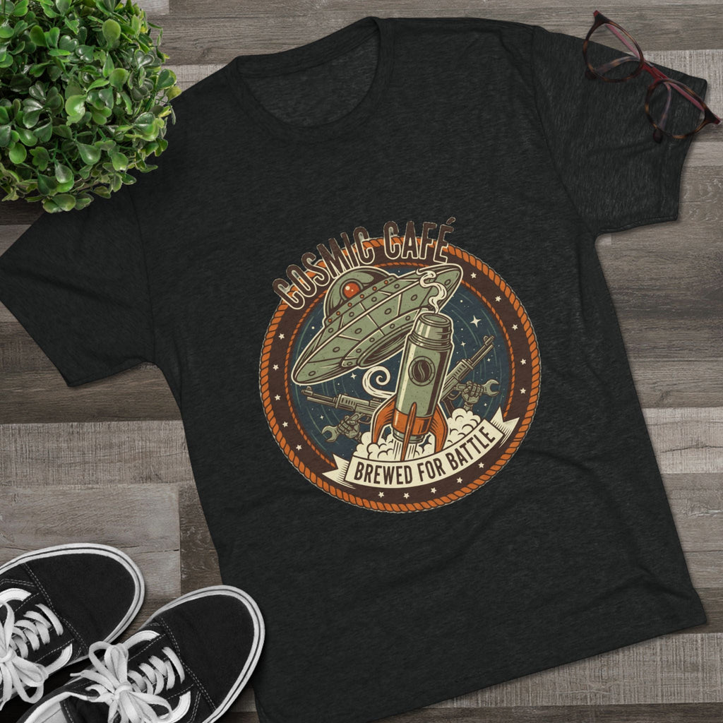 Cosmic Café Tee — “Brewed for Battle” Retro UFO Coffee Shirt Printify