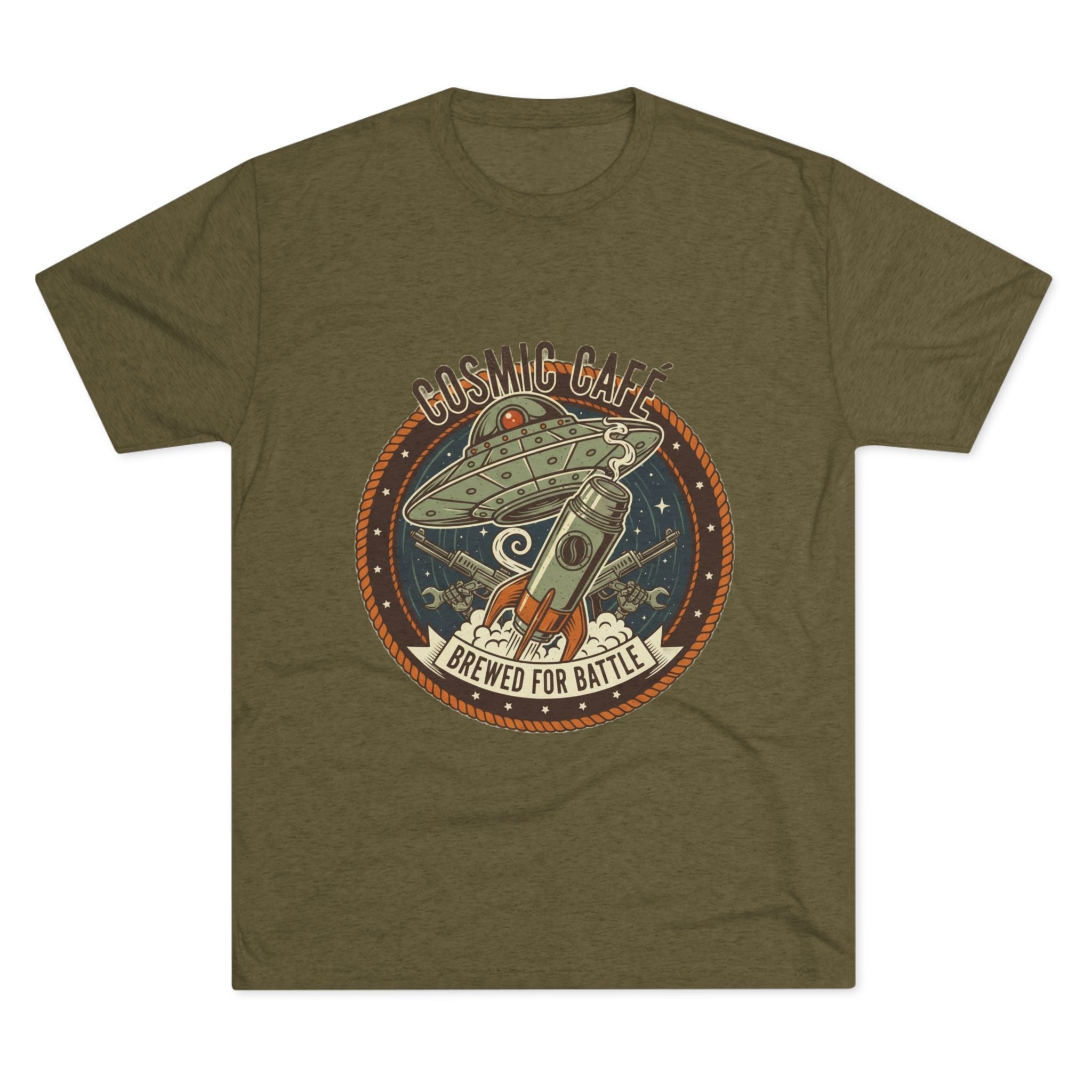 Cosmic Café Tee — “Brewed for Battle” Retro UFO Coffee Shirt Printify