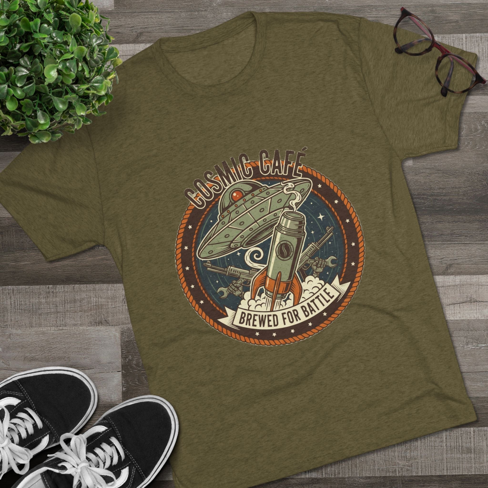 Cosmic Café Tee — “Brewed for Battle” Retro UFO Coffee Shirt Printify