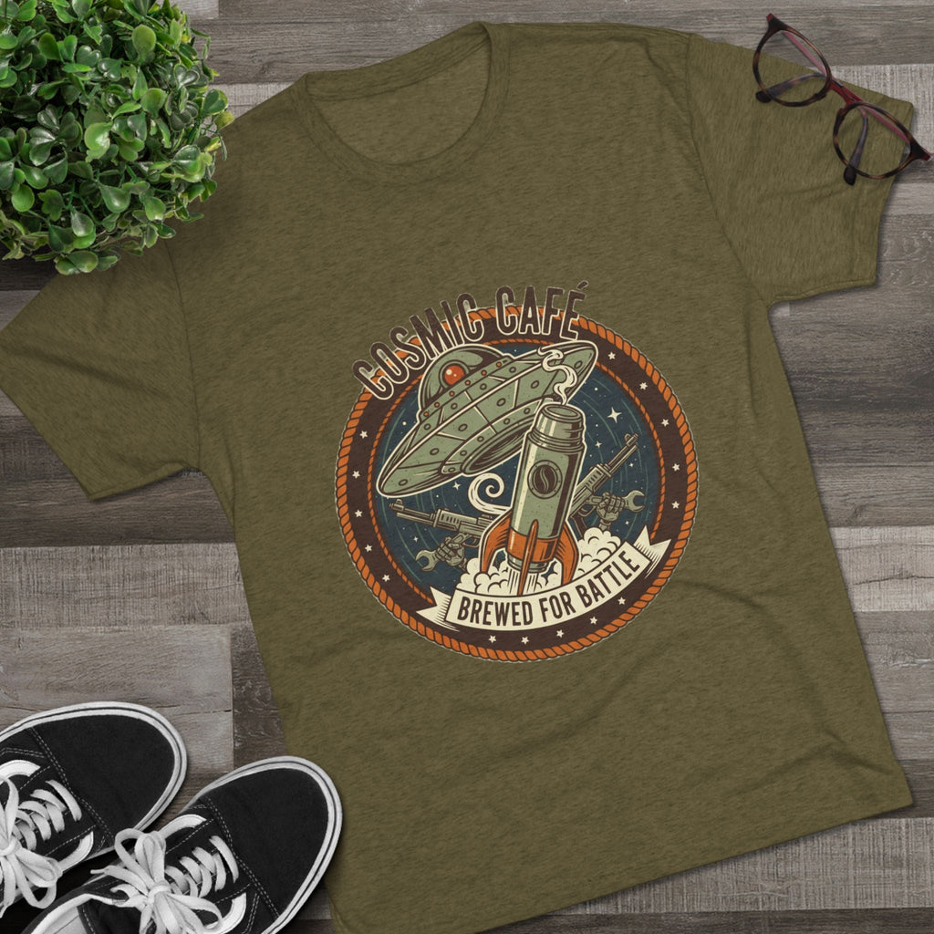 Cosmic Café Tee — “Brewed for Battle” Retro UFO Coffee Shirt Printify