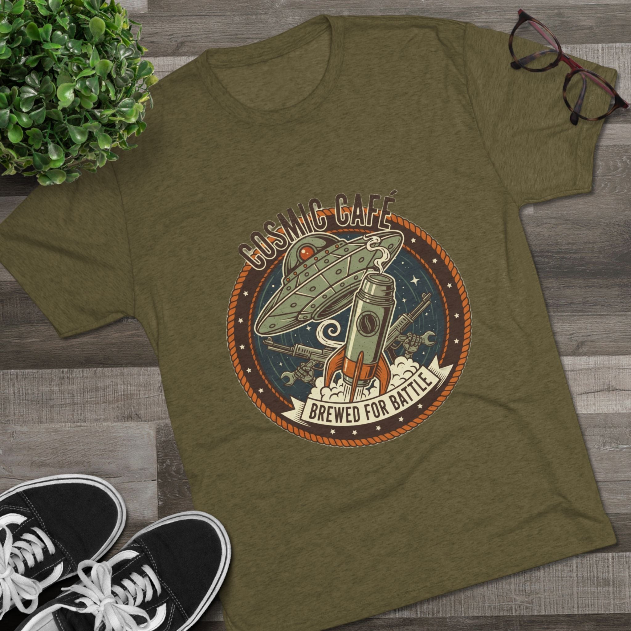 Cosmic Café Tee — “Brewed for Battle” Retro UFO Coffee Shirt Printify