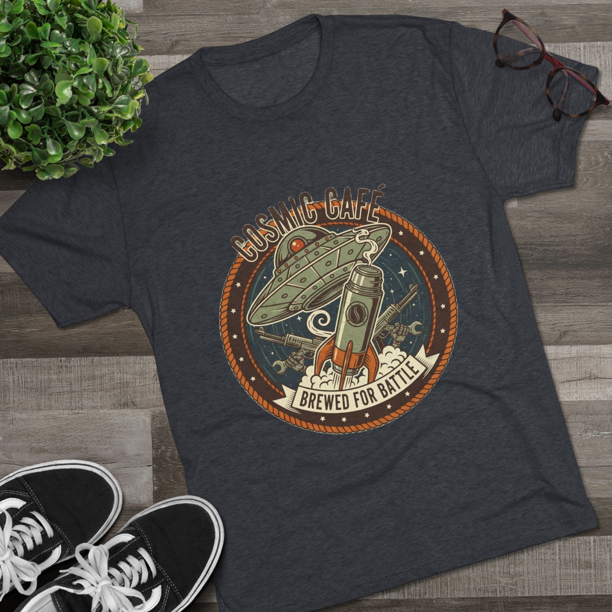 Cosmic Café Tee — “Brewed for Battle” Retro UFO Coffee Shirt Printify