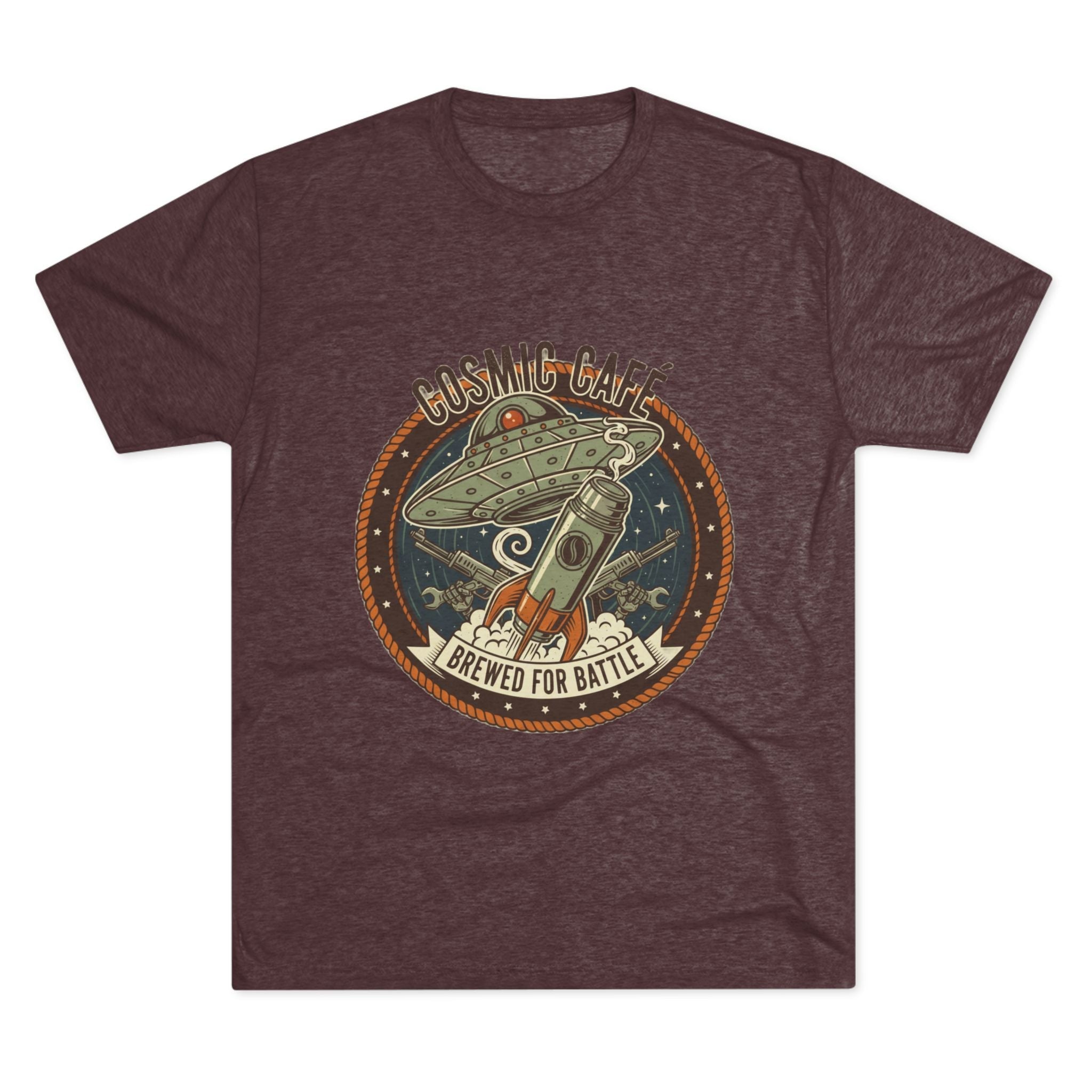 Cosmic Café Tee — “Brewed for Battle” Retro UFO Coffee Shirt Printify