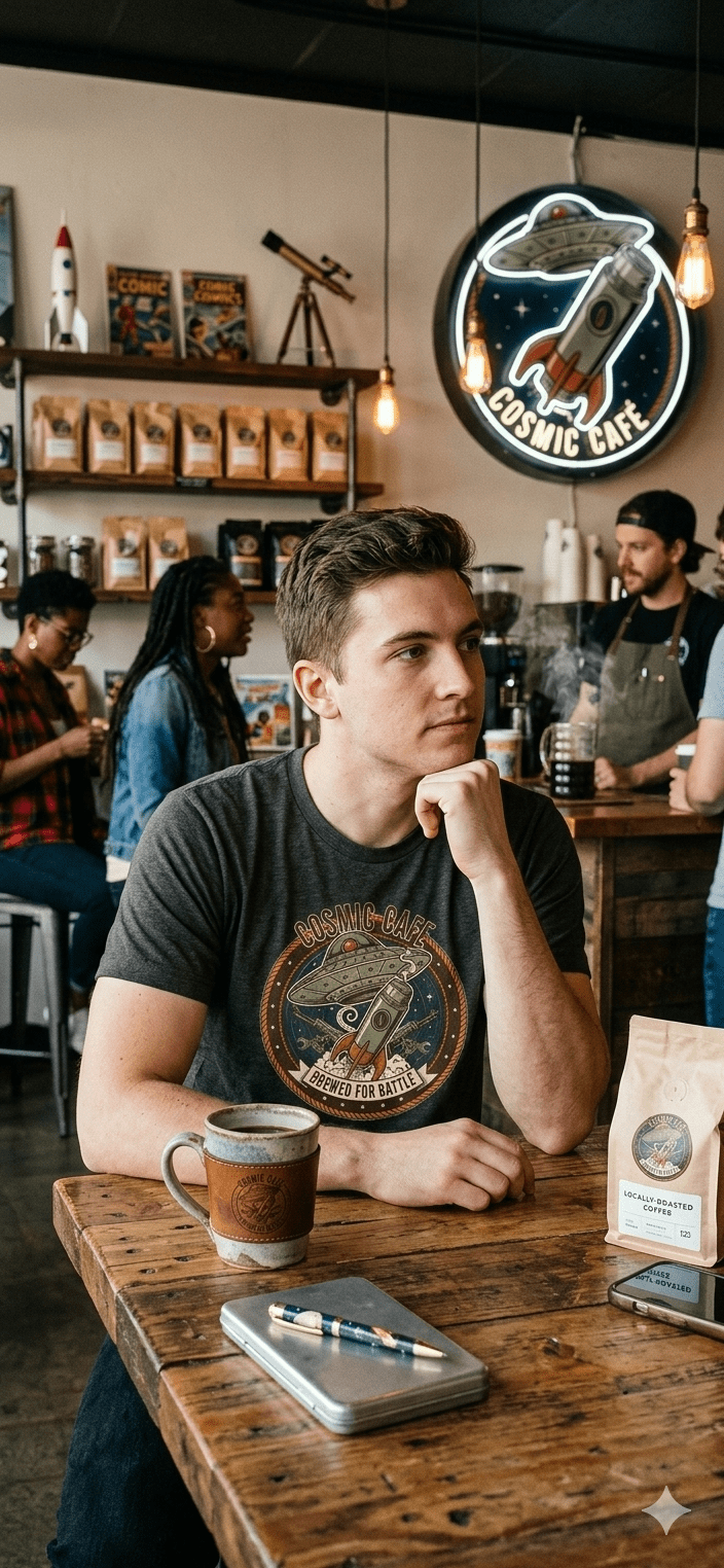 Cosmic Café Tee — “Brewed for Battle” Retro UFO Coffee Shirt Printify