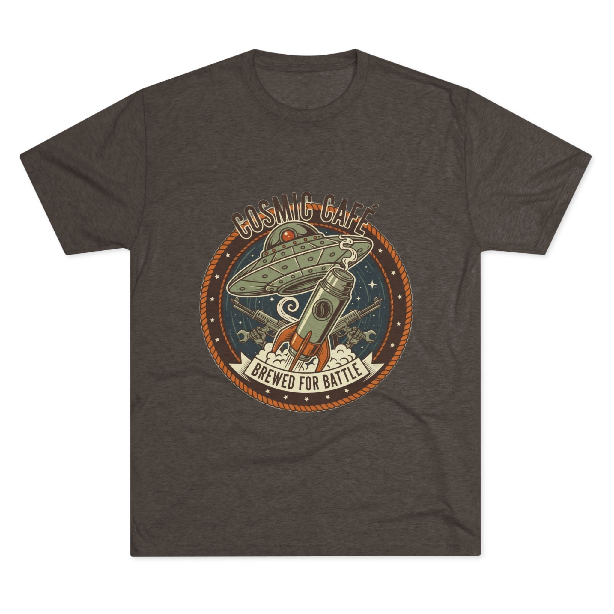 Cosmic Café Tee — “Brewed for Battle” Retro UFO Coffee Shirt Printify