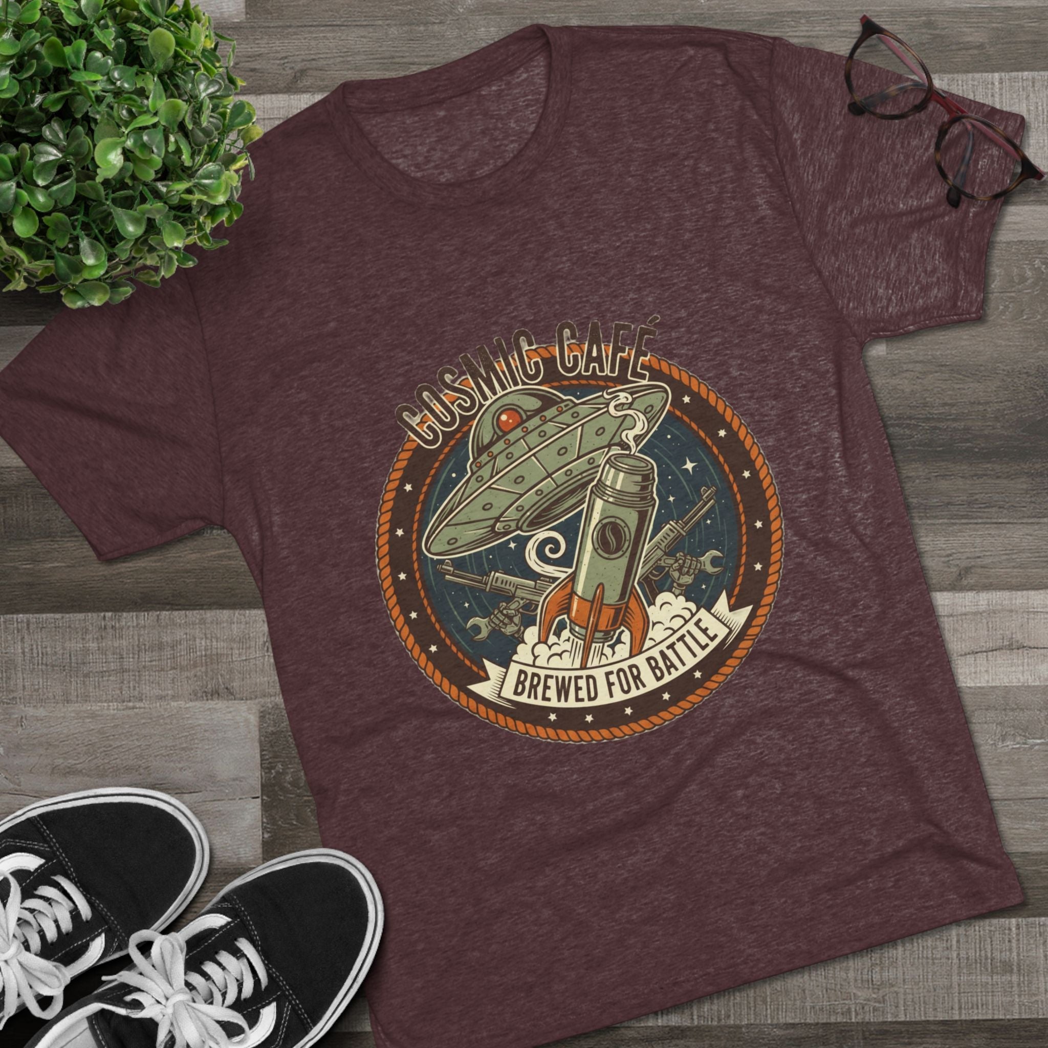 Cosmic Café Tee — “Brewed for Battle” Retro UFO Coffee Shirt Printify