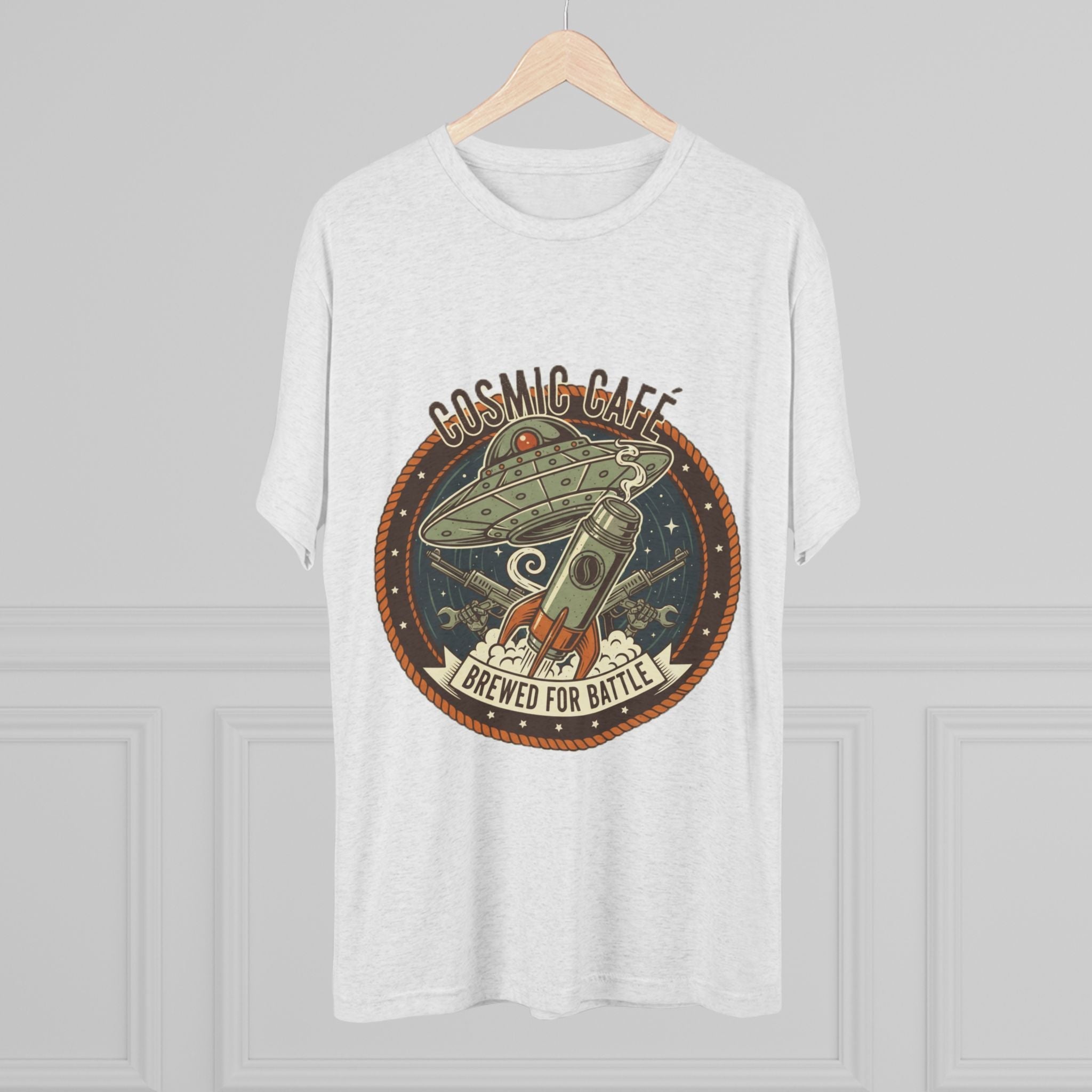 Cosmic Café Tee — “Brewed for Battle” Retro UFO Coffee Shirt Printify
