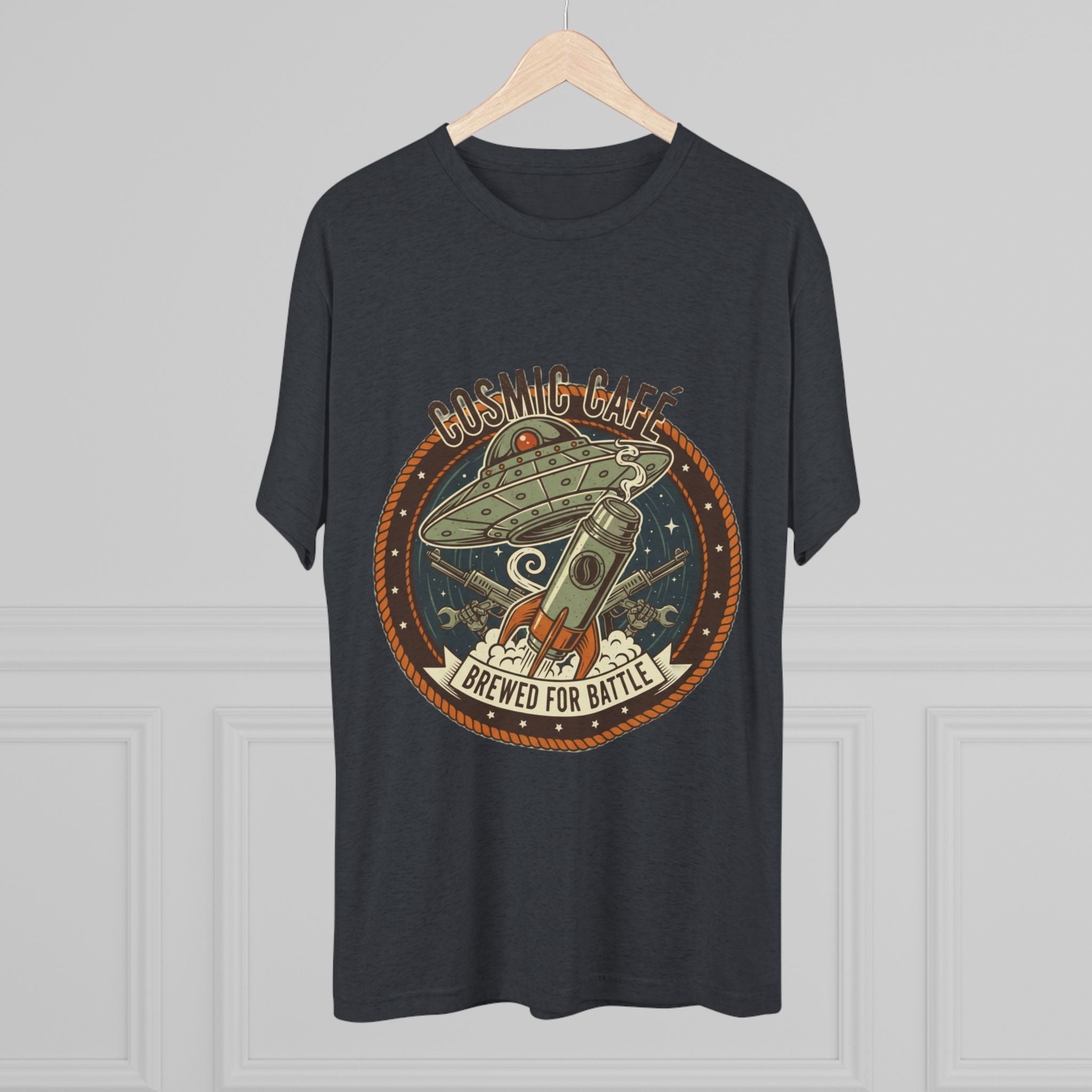Cosmic Café Tee — “Brewed for Battle” Retro UFO Coffee Shirt Printify