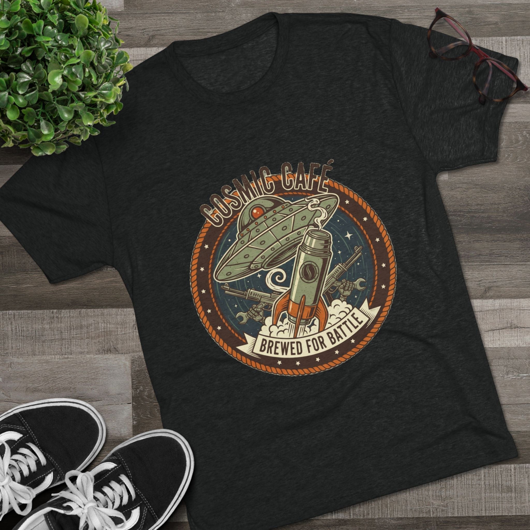 Cosmic Café Tee — “Brewed for Battle” Retro UFO Coffee Shirt Printify