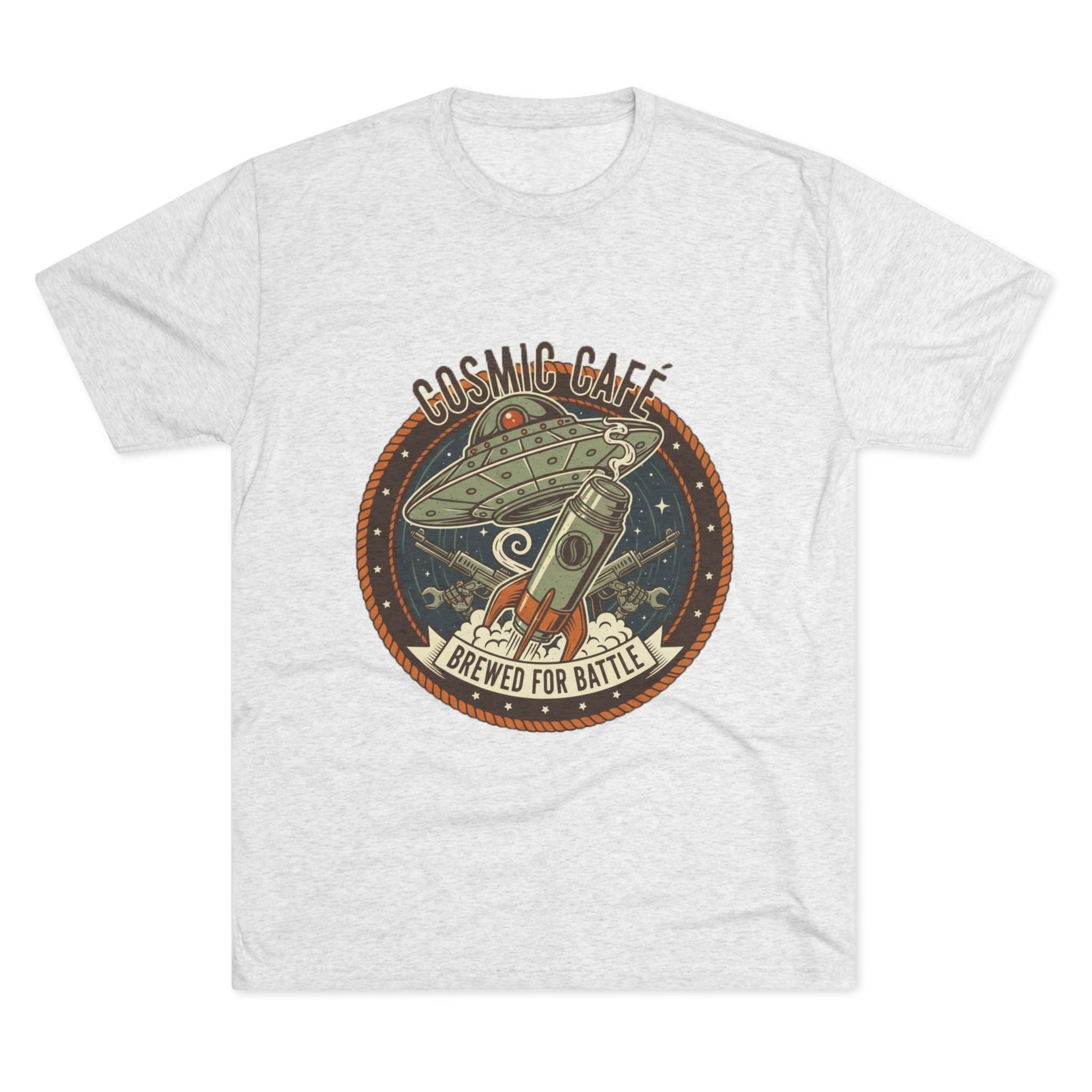 Cosmic Café Tee — “Brewed for Battle” Retro UFO Coffee Shirt Printify