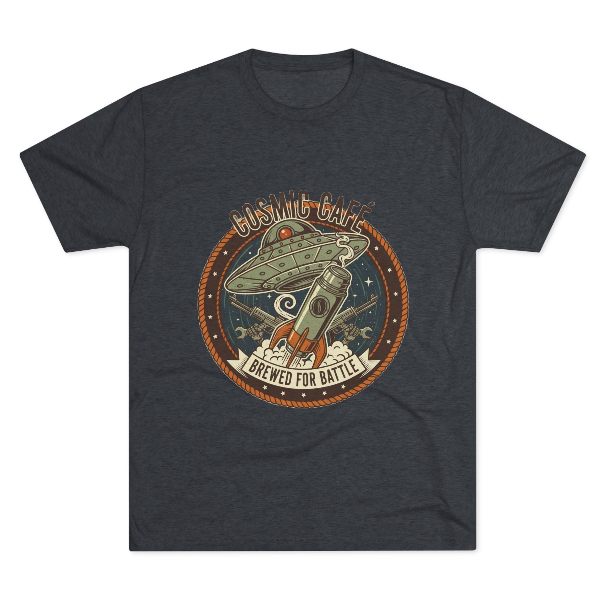 Cosmic Café Tee — “Brewed for Battle” Retro UFO Coffee Shirt Printify