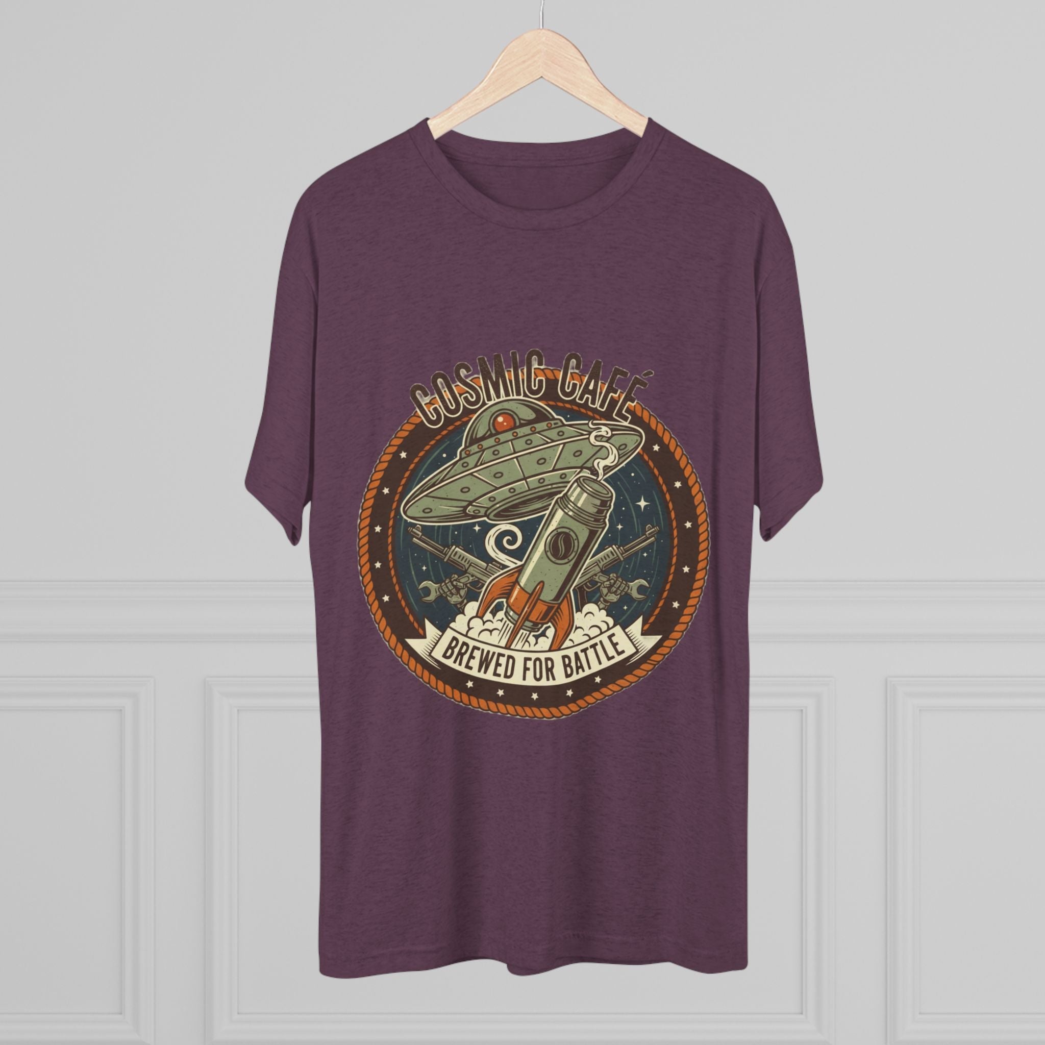 Cosmic Café Tee — “Brewed for Battle” Retro UFO Coffee Shirt Printify