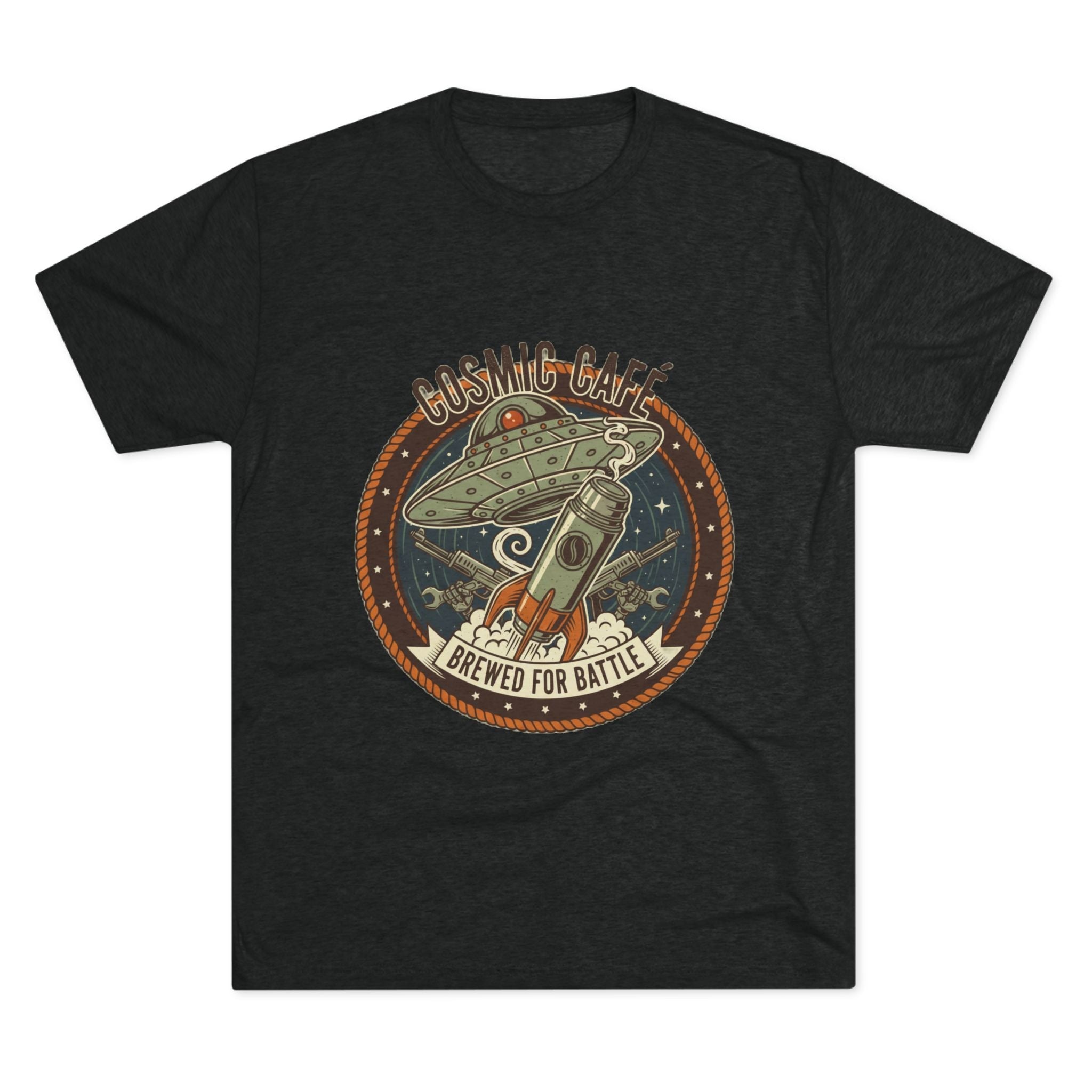Cosmic Café Tee — “Brewed for Battle” Retro UFO Coffee Shirt Printify