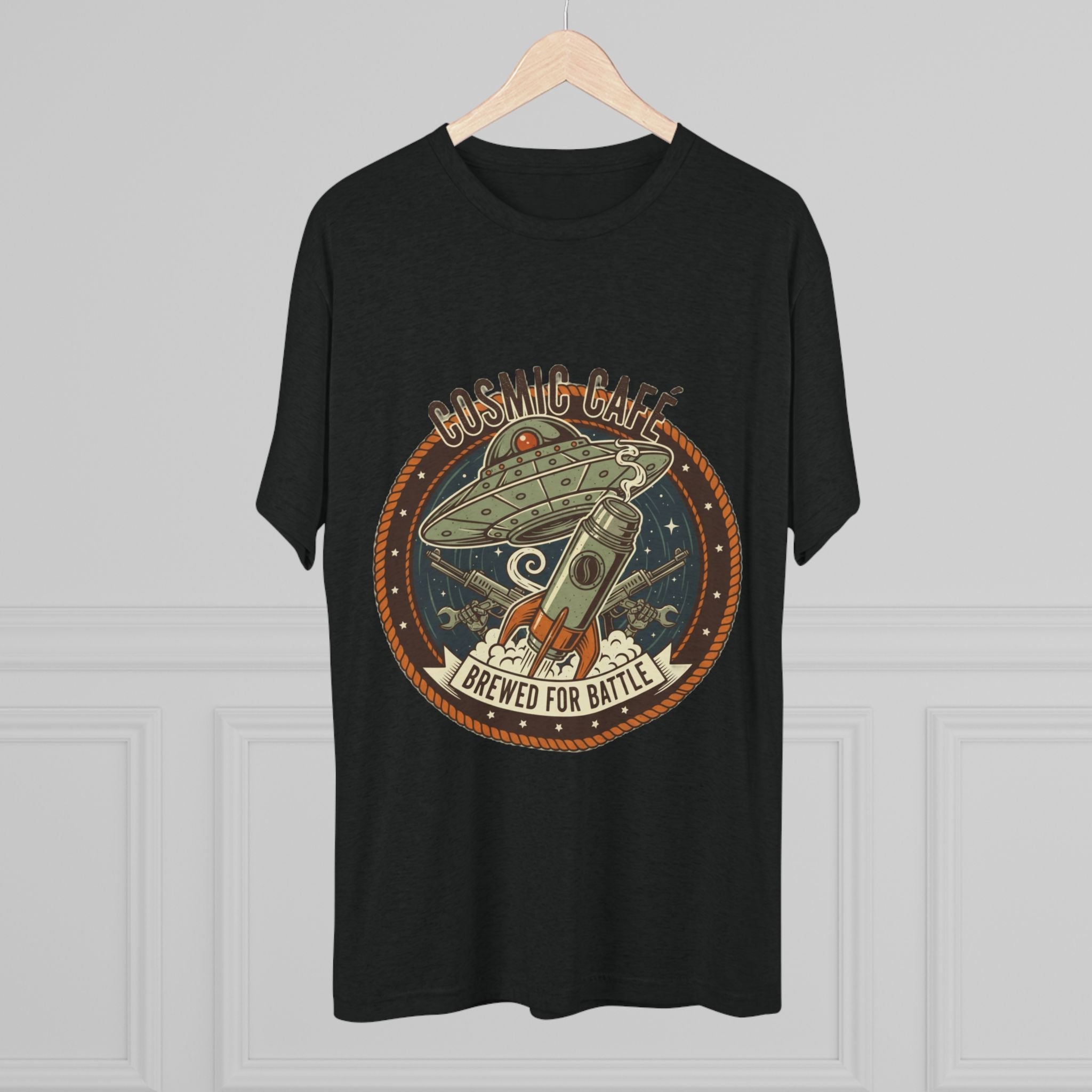 Cosmic Café Tee — “Brewed for Battle” Retro UFO Coffee Shirt Printify