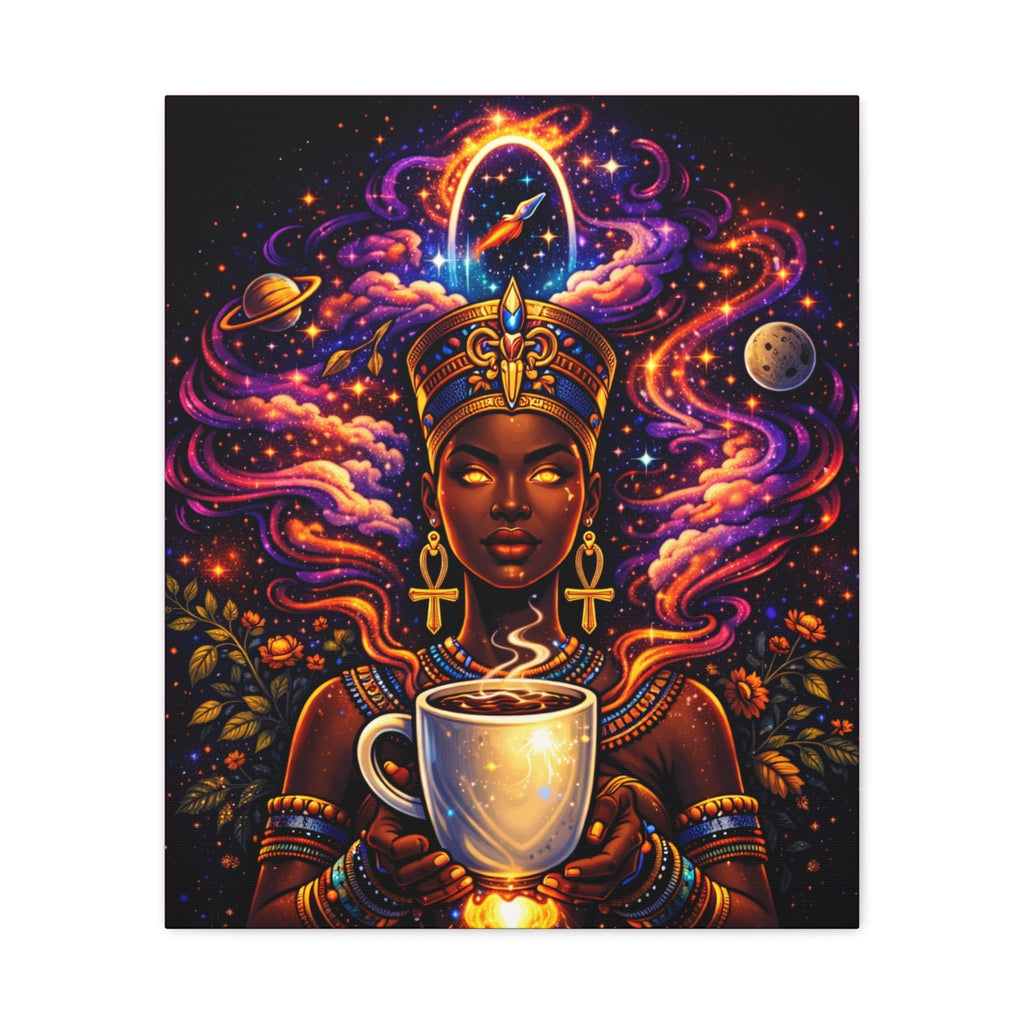 Cosmic Coffee Queen Canvas Print — Afrocentric Goddess Wall Art Printify