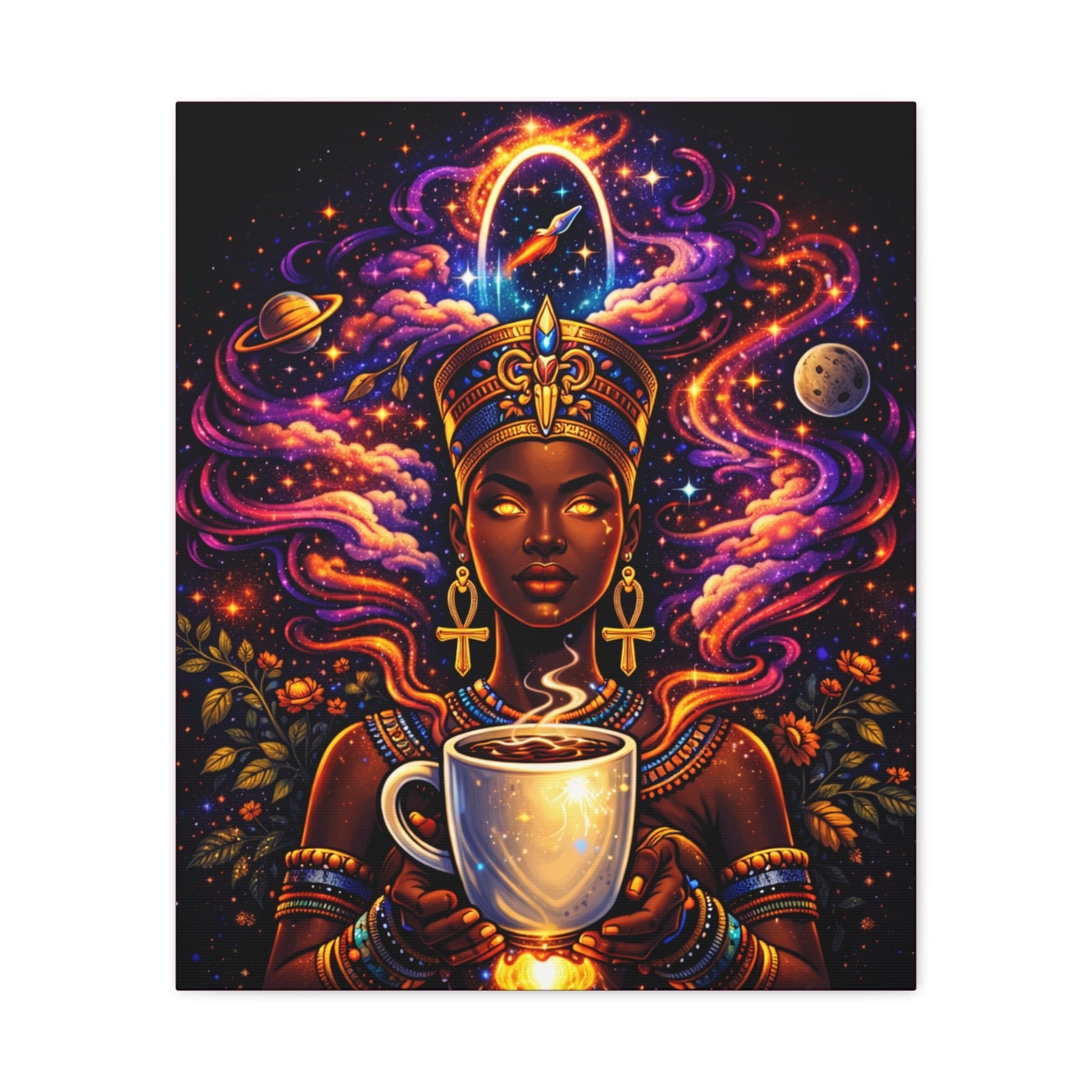 Cosmic Coffee Queen Canvas Print — Afrocentric Goddess Wall Art Printify