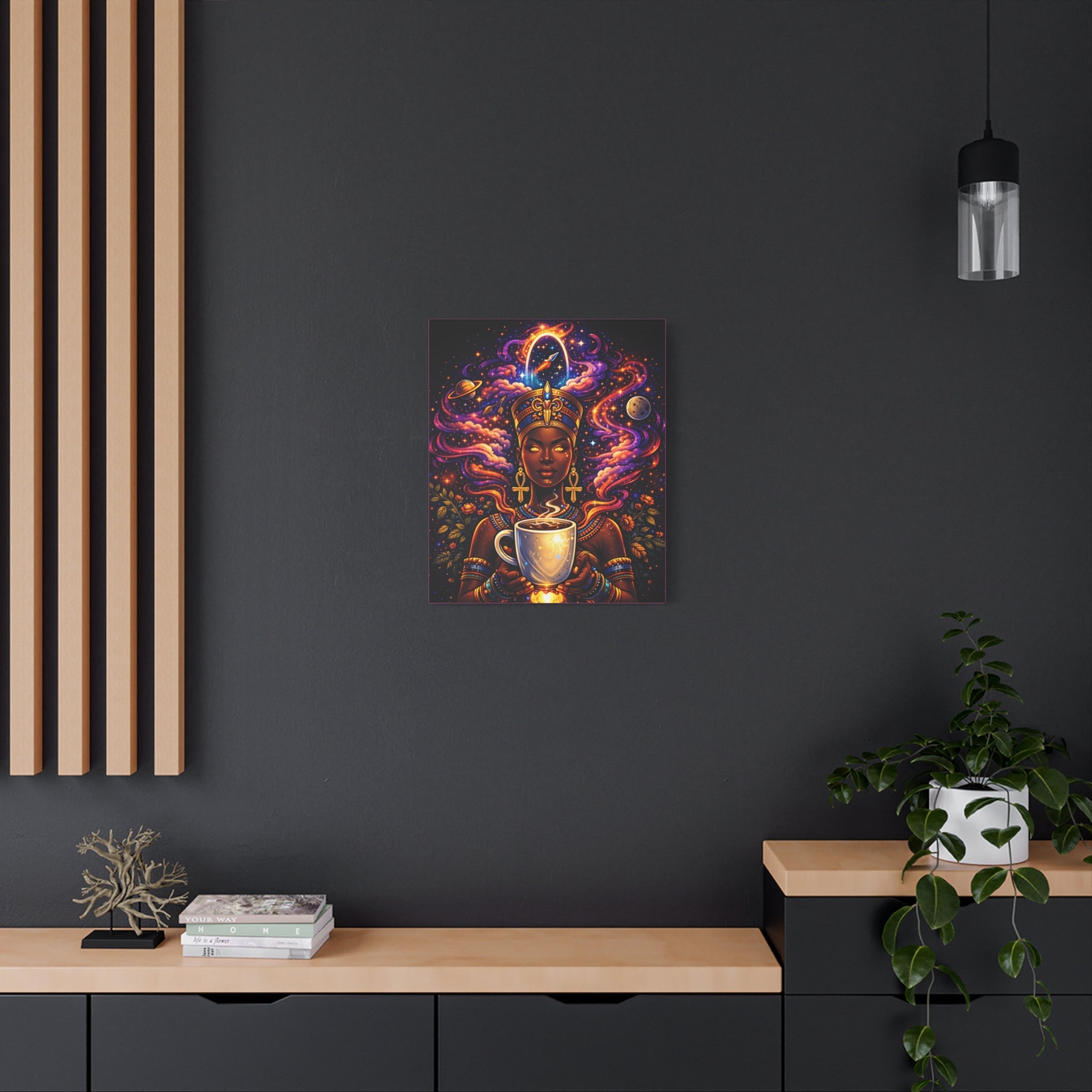 Cosmic Coffee Queen Canvas Print — Afrocentric Goddess Wall Art Printify