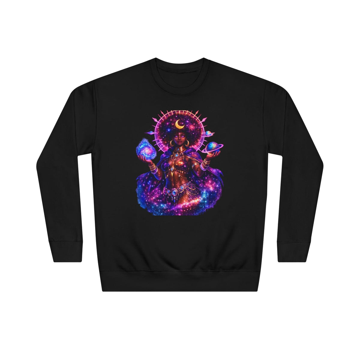 Cosmic Goddess Crewneck Sweatshirt — Neon Space Oracle Graphic Printify