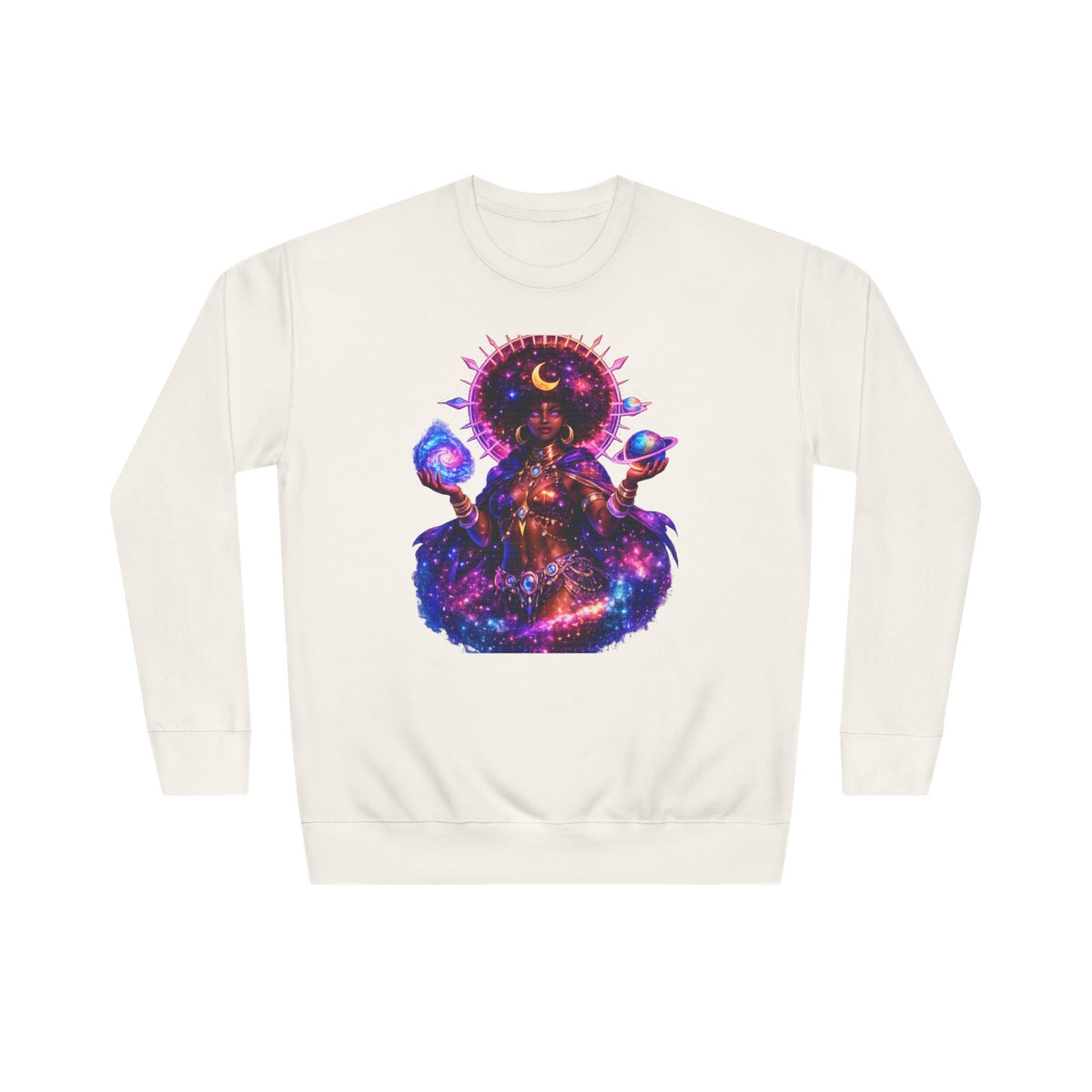 Cosmic Goddess Crewneck Sweatshirt — Neon Space Oracle Graphic Printify