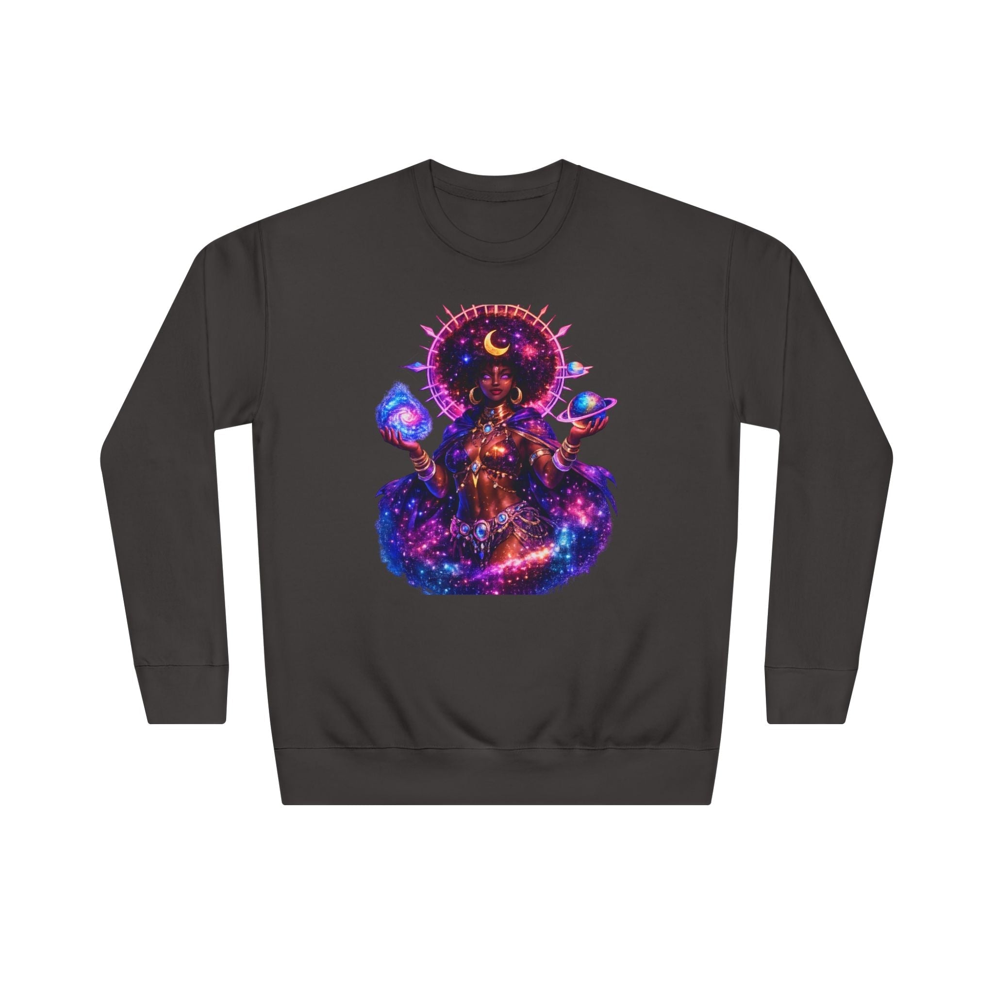 Cosmic Goddess Crewneck Sweatshirt — Neon Space Oracle Graphic Printify