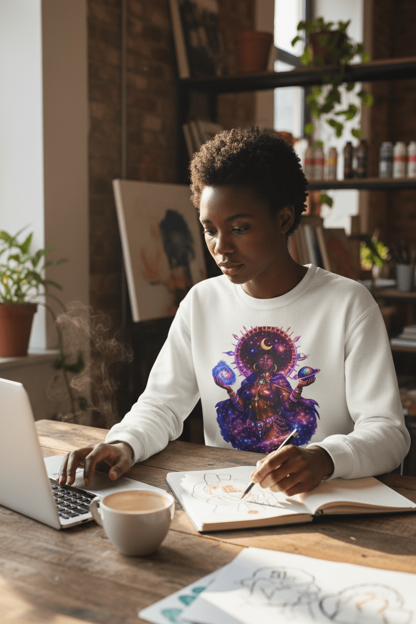 Solar Goddess White Sweatshirt Creative Coffee Shop Lifestyle