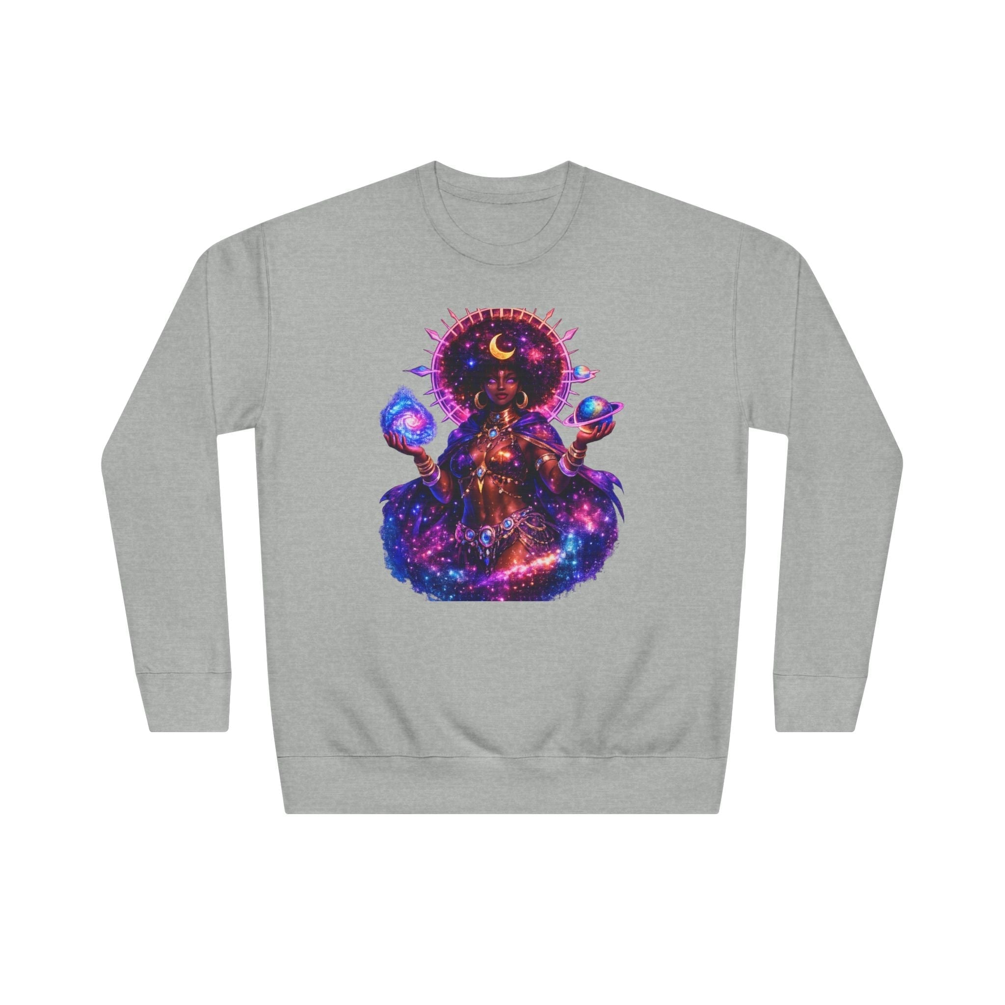 Cosmic Goddess Crewneck Sweatshirt — Neon Space Oracle Graphic Printify