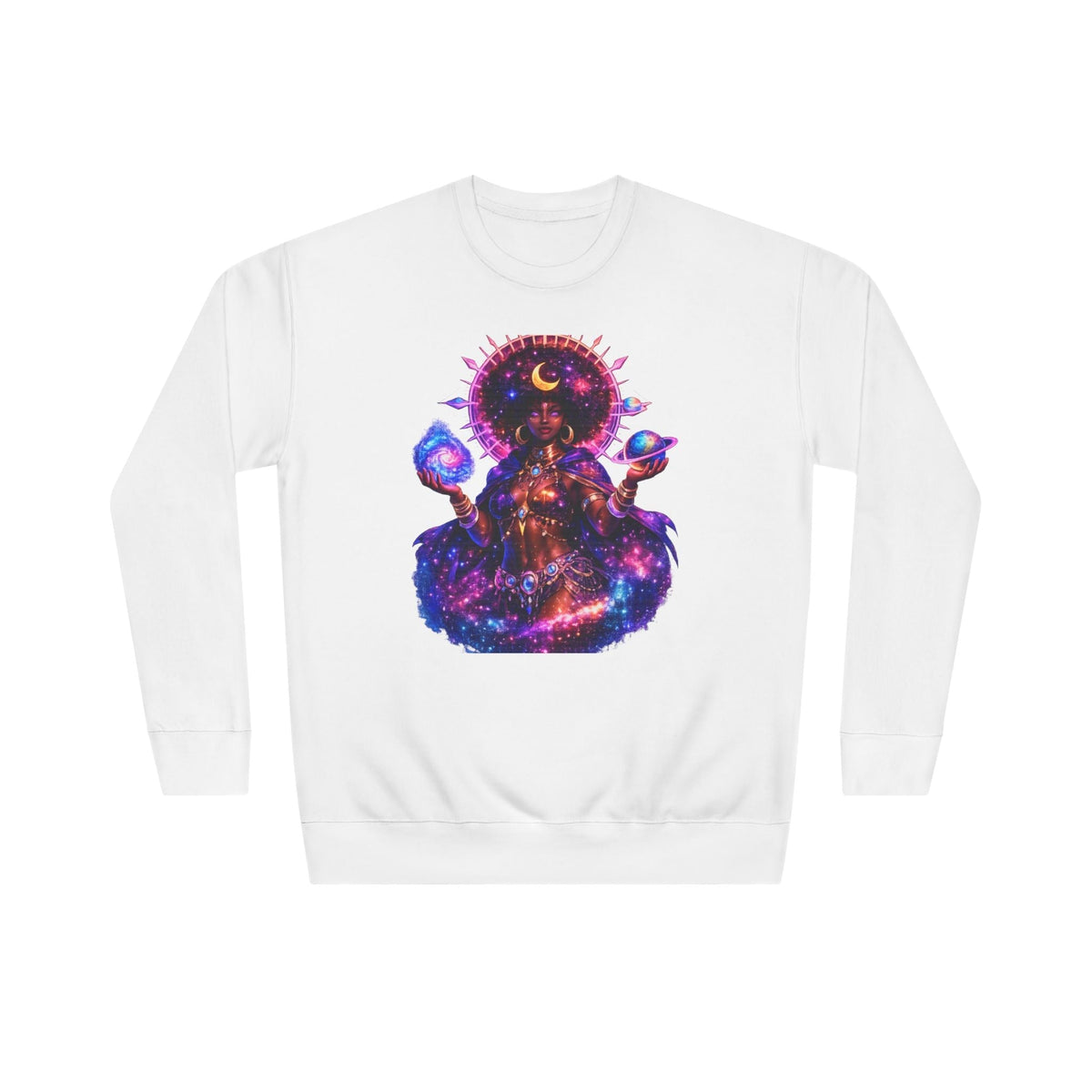 Cosmic Goddess Crewneck Sweatshirt — Neon Space Oracle Graphic Printify