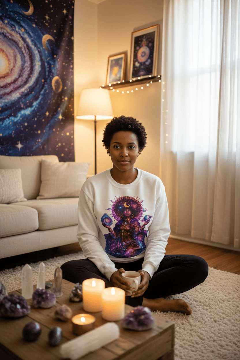 Solar Goddess White Sweatshirt Cosmic Spiritual Room Lifestyle